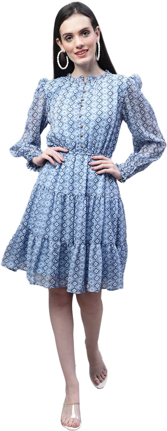     			marc louis Women Cotton Printed Fit & Flare Dress ( Blue )