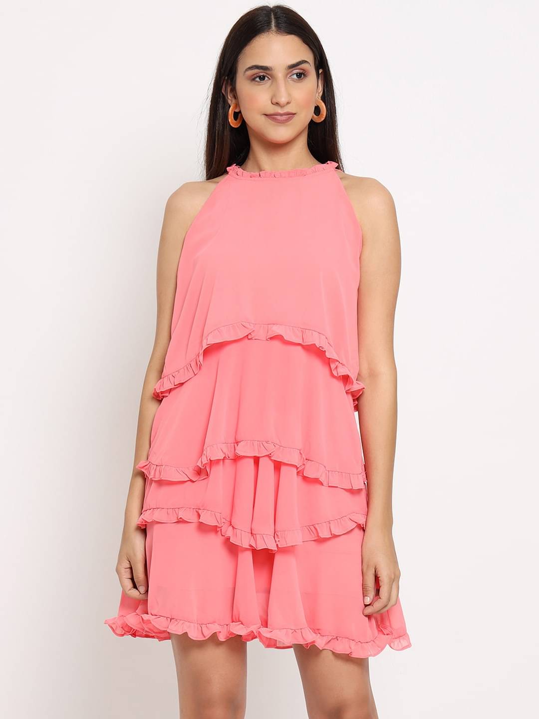     			marc louis Women Georgette Printed Fit & Flare Dress ( Pink )