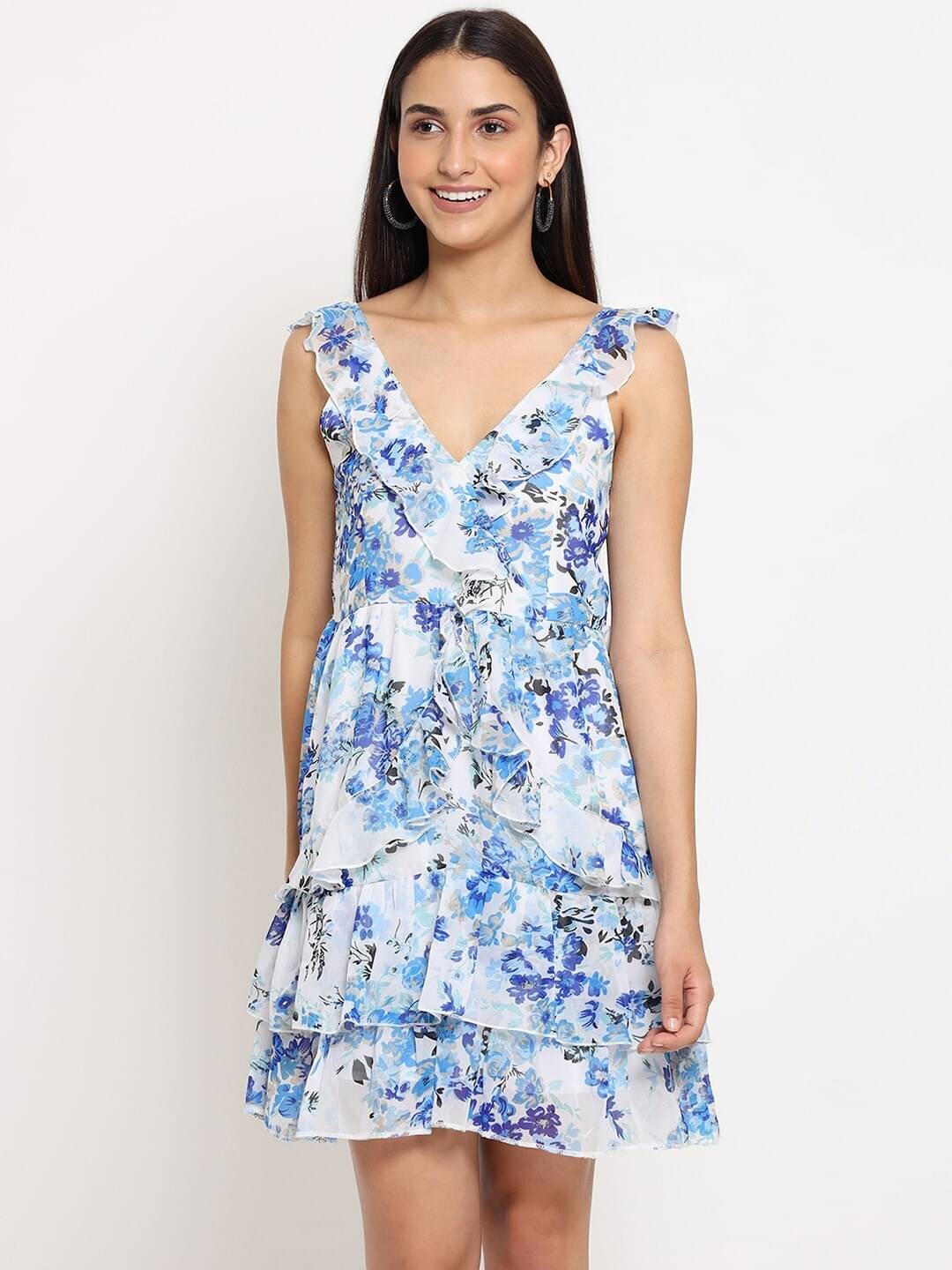    			marc louis Women Georgette Printed Fit & Flare Dress ( White )