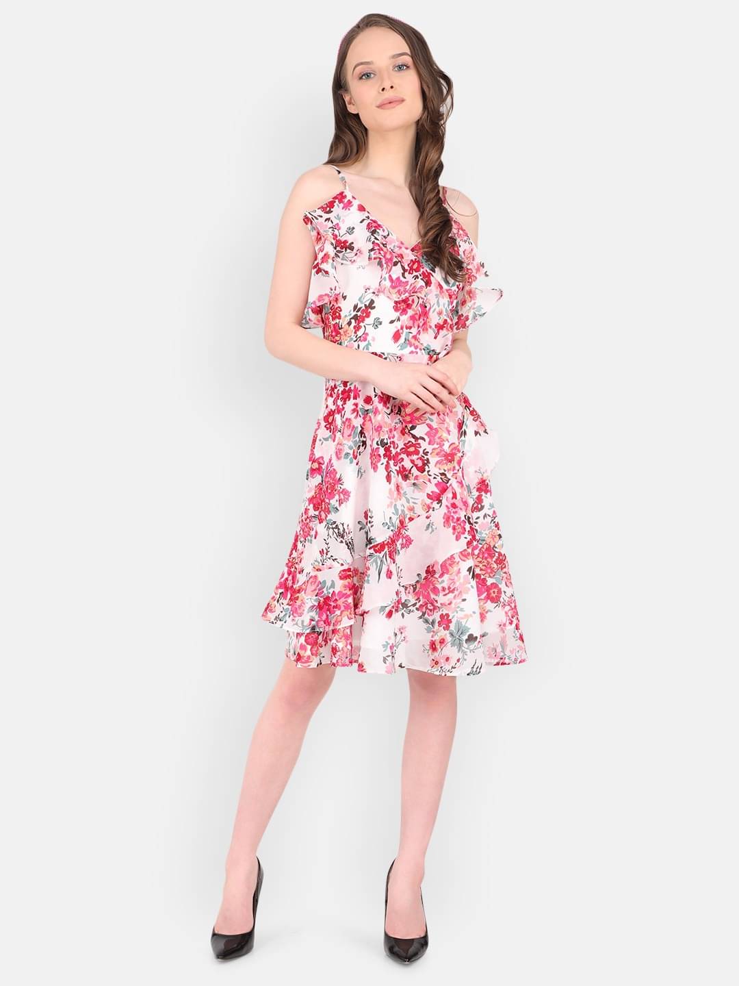     			marc louis Women Georgette Printed Fit & Flare Dress ( White )