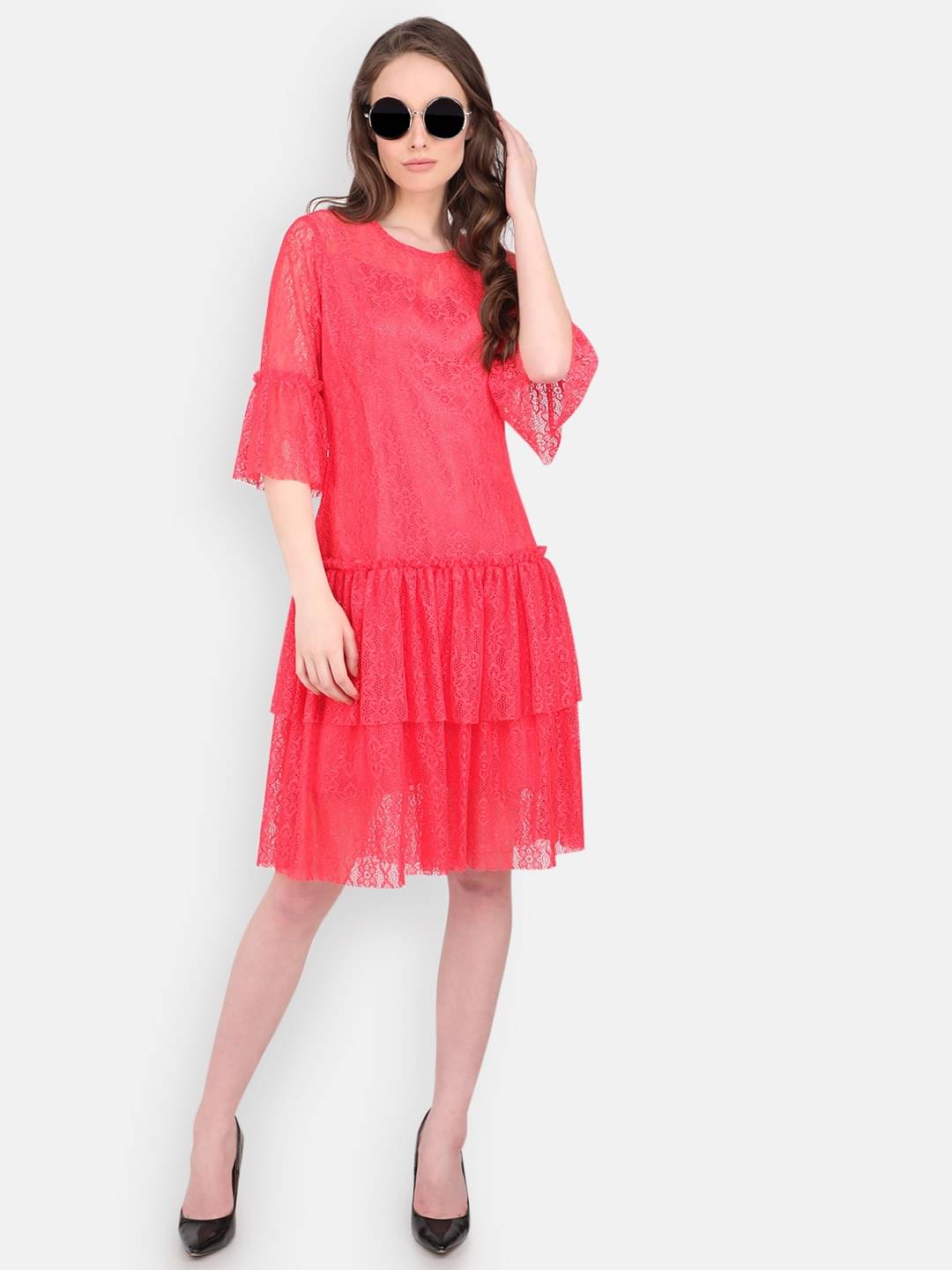     			marc louis Women Lace Printed Fit & Flare Dress ( Pink )