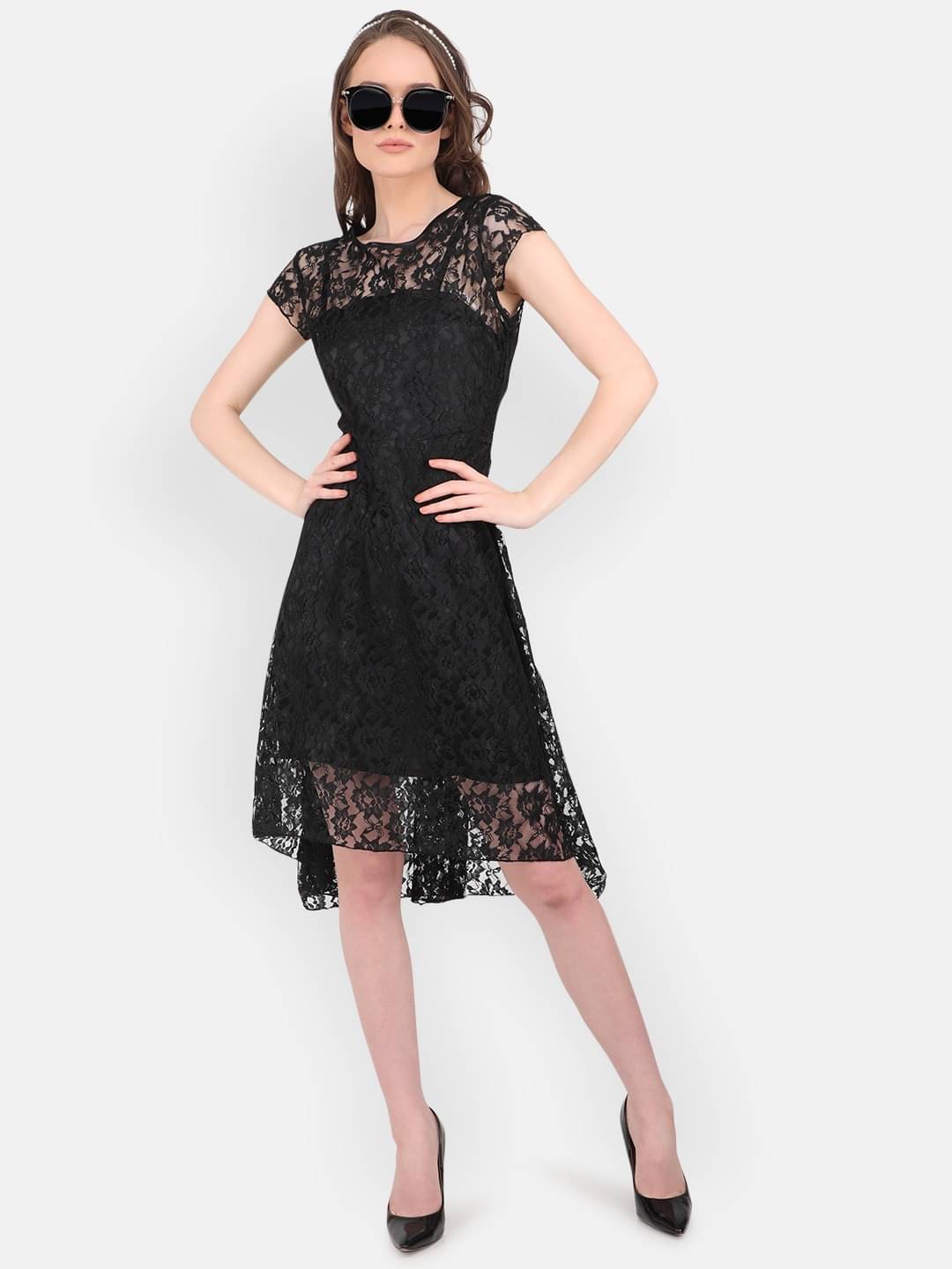     			marc louis Women Lace Printed Fit & Flare Dress ( Black )