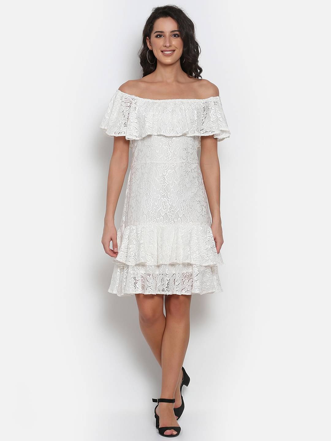 marc louis Net Printed Mini Women's Fit & Flare Dress - White ( Pack of 1 ) marc louis Net Printed Mini Women's Fit & Flare Dress - White ( Pack of 1 )