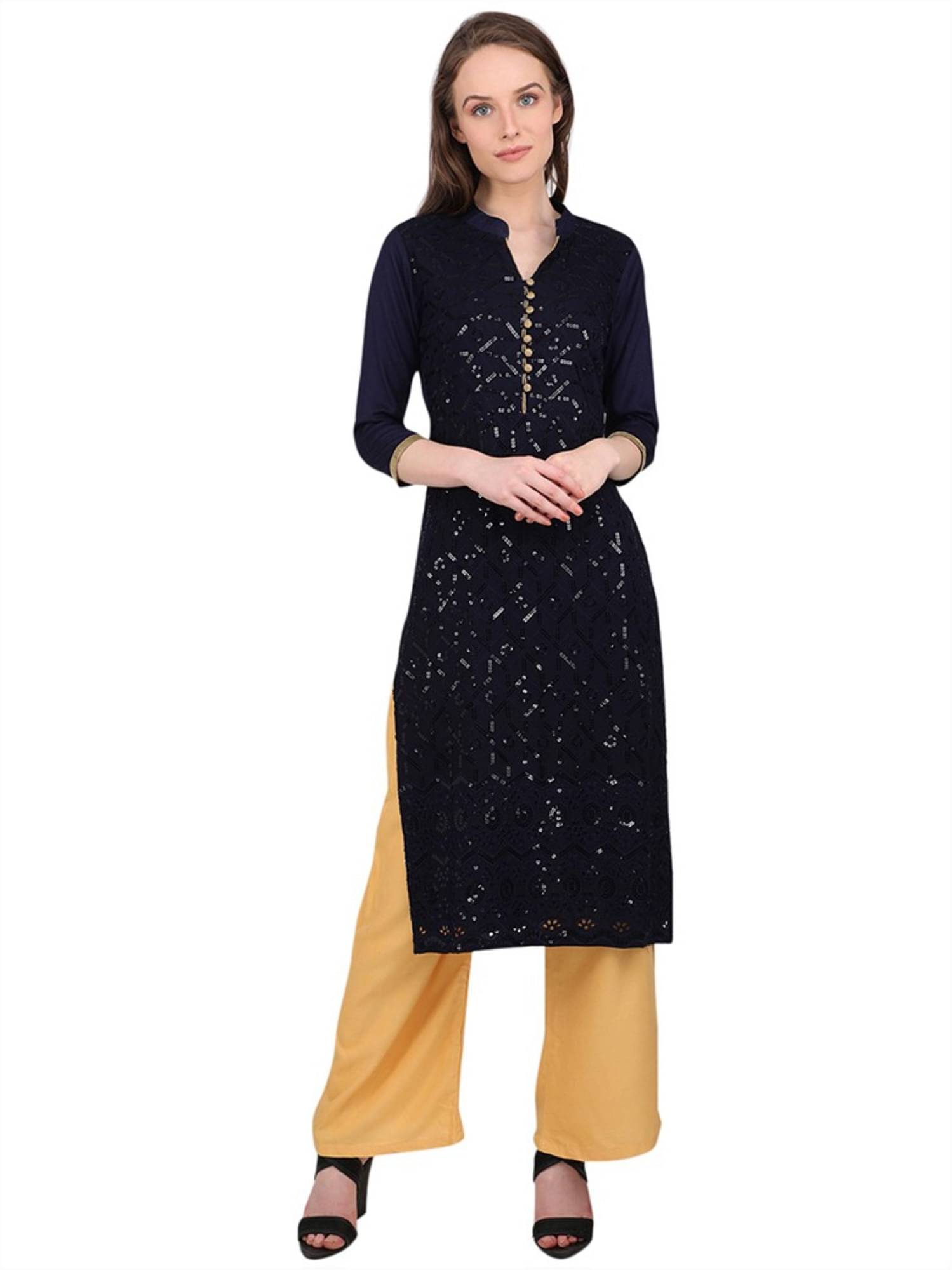     			marc louis Pack of 1 Viscose Rayon Embellished Straight Women's Kurti - ( Blue )