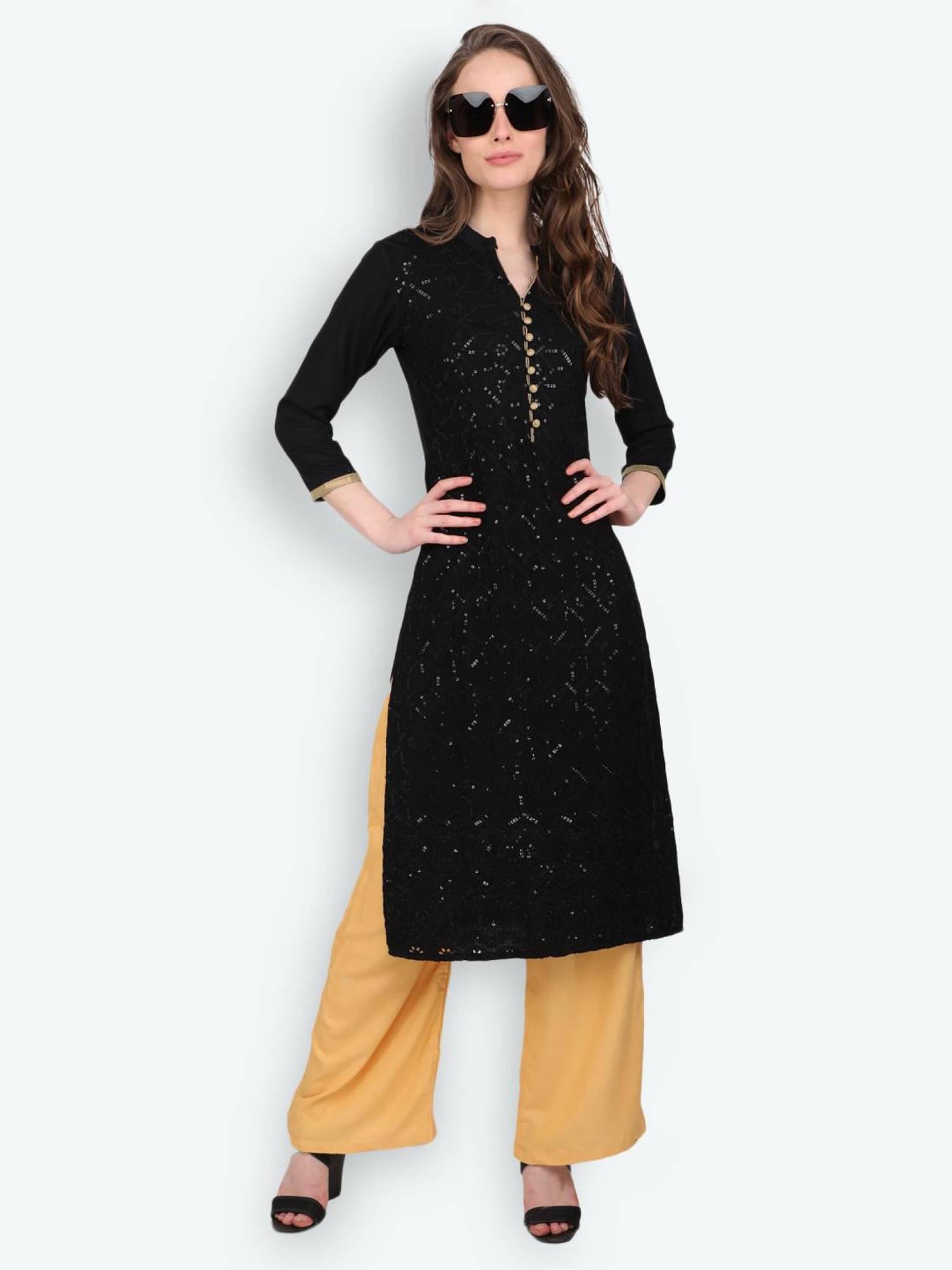 marc louis Pack of 1 Viscose Rayon Embellished Straight Women's Kurti - ( Black ) marc louis Pack of 1 Viscose Rayon Embellished Straight Women's Kurti - ( Black )