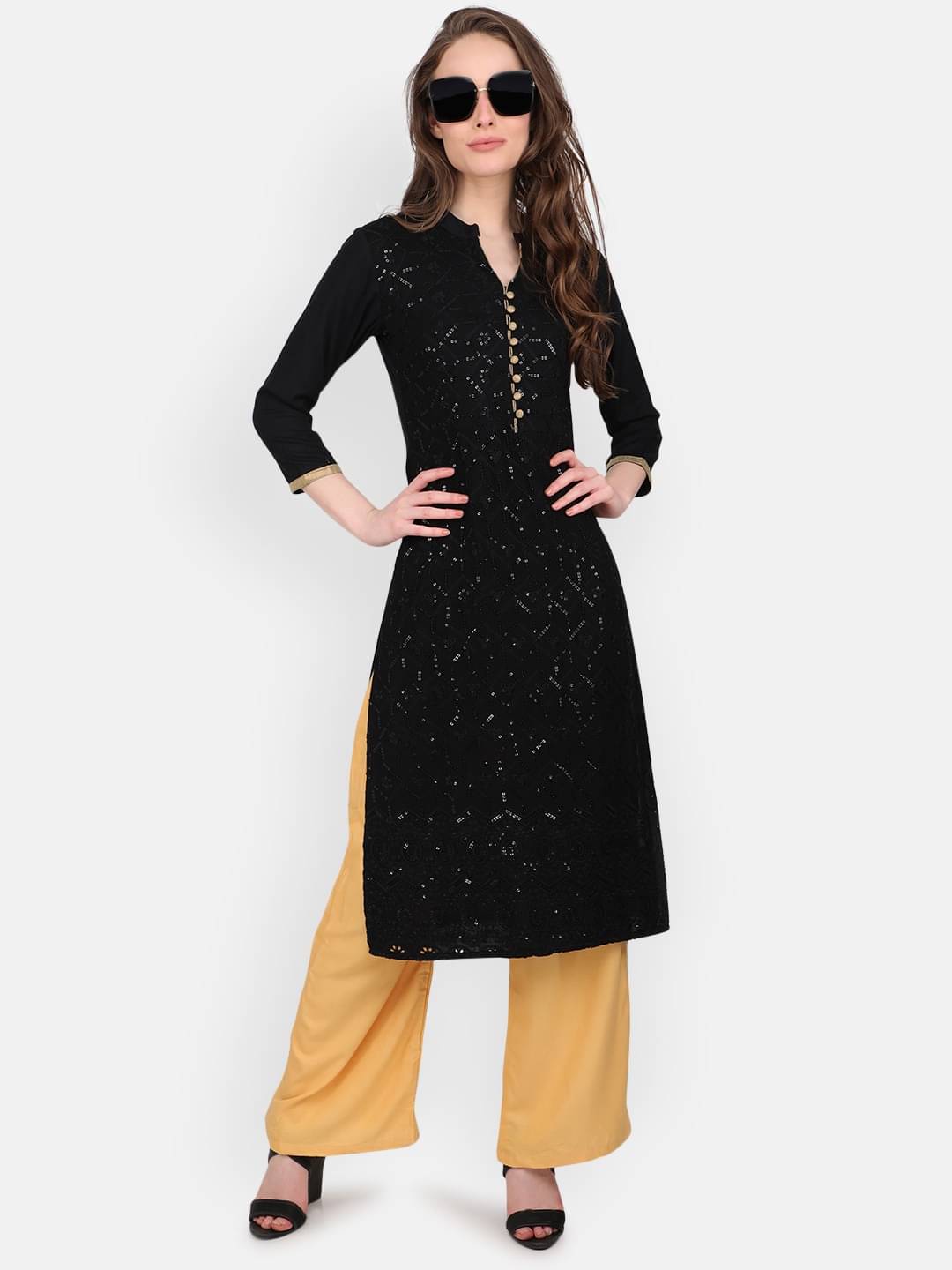 marc louis Pack of 1 Viscose Rayon Embellished Straight Women's Kurti - ( Black ) marc louis Pack of 1 Viscose Rayon Embellished Straight Women's Kurti - ( Black )