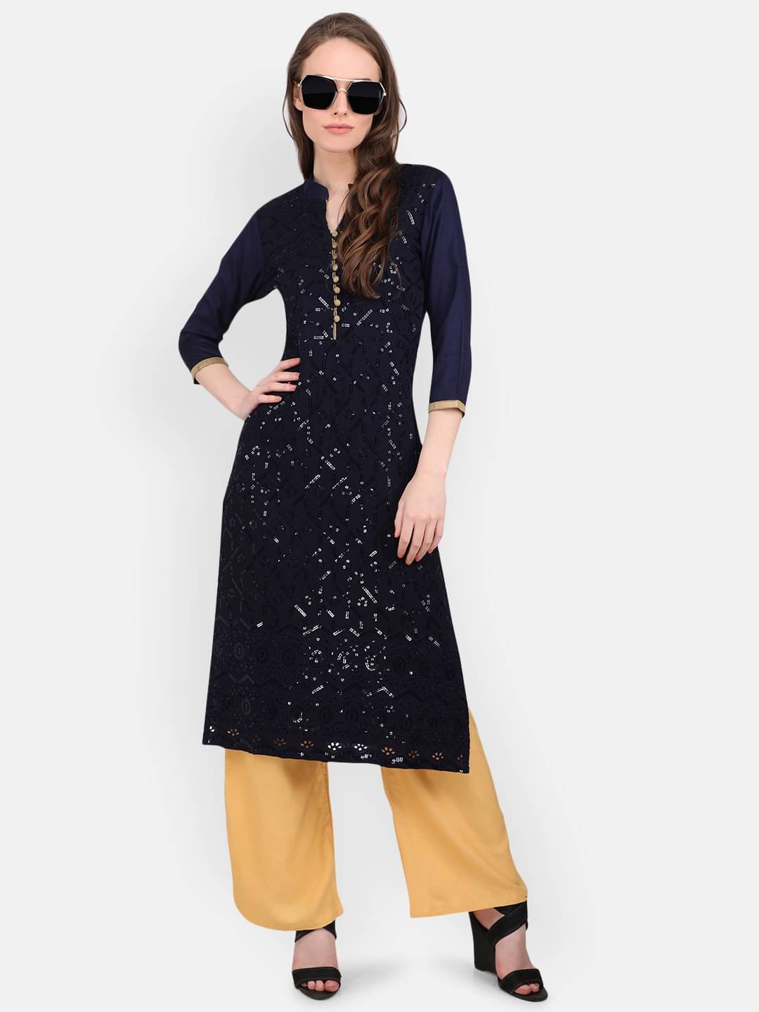 marc louis Pack of 1 Viscose Rayon Embellished Straight Women's Kurti - ( Black ) marc louis Pack of 1 Viscose Rayon Embellished Straight Women's Kurti - ( Black )
