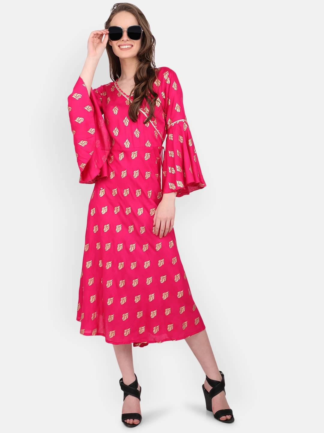 marc louis Pack of 1 Viscose Rayon Printed Angrakha Women's Kurti - ( Pink ) marc louis Pack of 1 Viscose Rayon Printed Angrakha Women's Kurti - ( Pink )