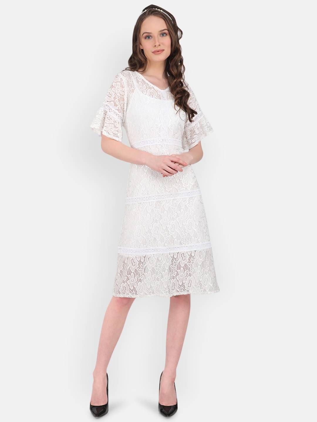 marc louis Women Polyester Printed Fit & Flare Dress ( White ) marc louis Women Polyester Printed Fit & Flare Dress ( White )