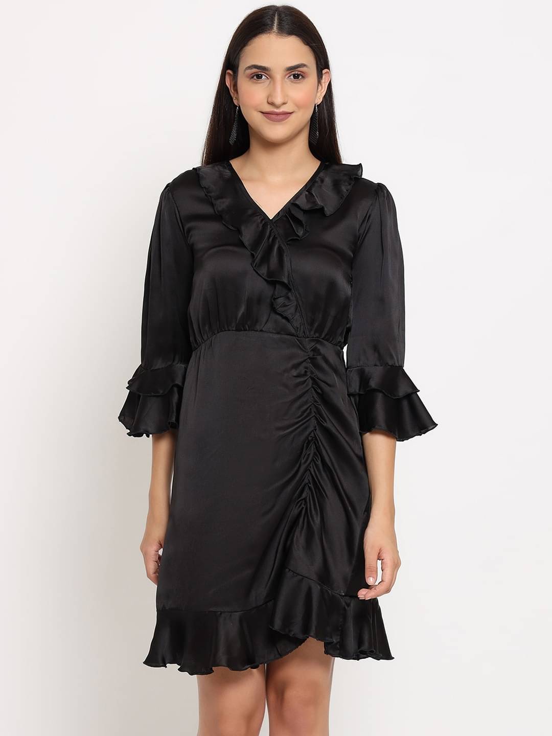     			marc louis Women Satin Printed Fit & Flare Dress ( Black )