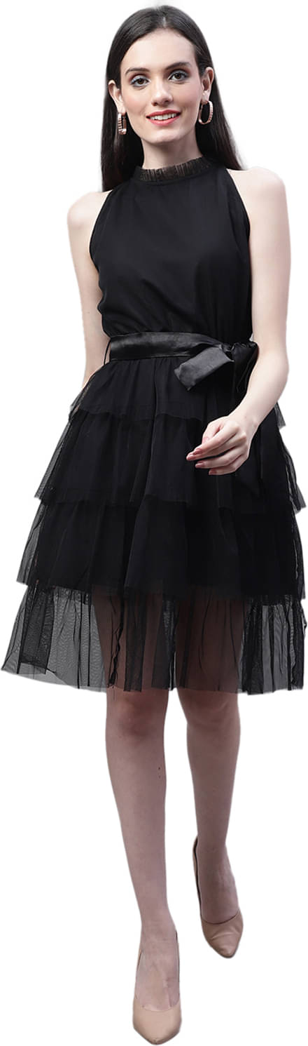     			marc louis Women Viscose Rayon Printed Fit & Flare Dress ( Black )