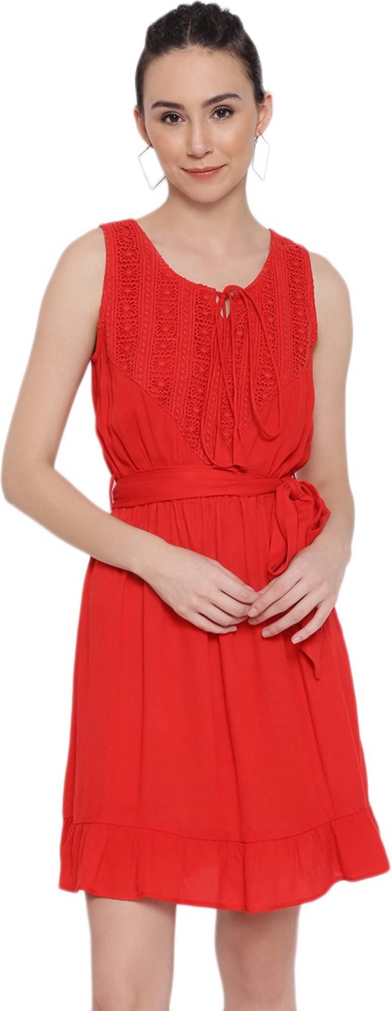 marc louis Women Viscose Rayon Printed Fit & Flare Dress ( Red ) marc louis Women Viscose Rayon Printed Fit & Flare Dress ( Red )