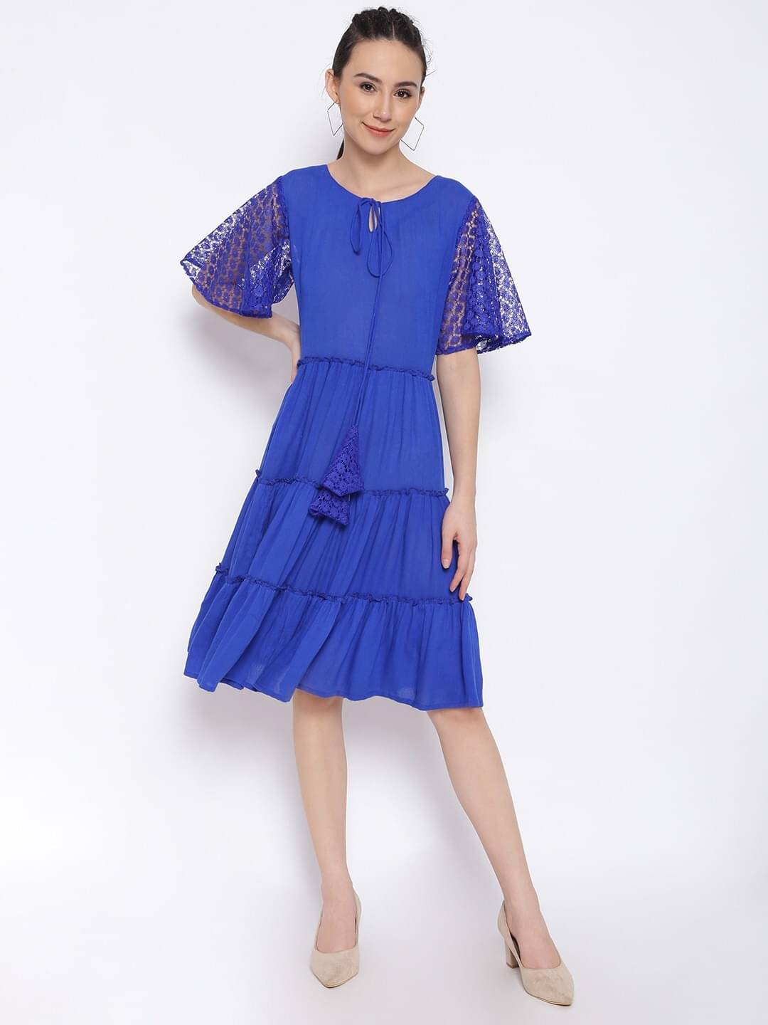 marc louis Women Viscose Rayon Printed Fit & Flare Dress ( Blue ) marc louis Women Viscose Rayon Printed Fit & Flare Dress ( Blue )