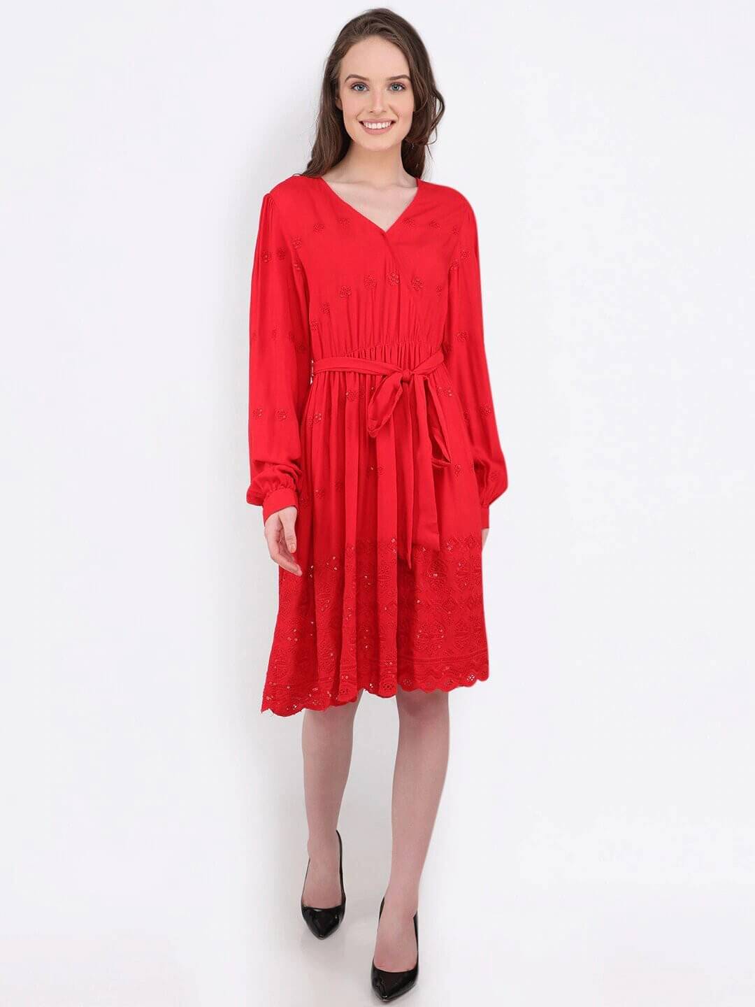     			marc louis Women Viscose Rayon Printed Fit & Flare Dress ( Red )