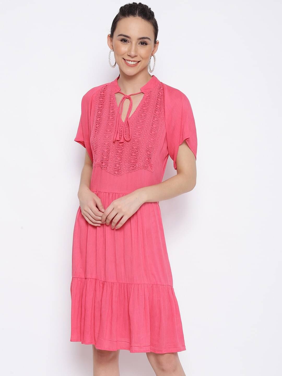 marc louis Women Viscose Rayon Printed Fit & Flare Dress ( Pink ) marc louis Women Viscose Rayon Printed Fit & Flare Dress ( Pink )