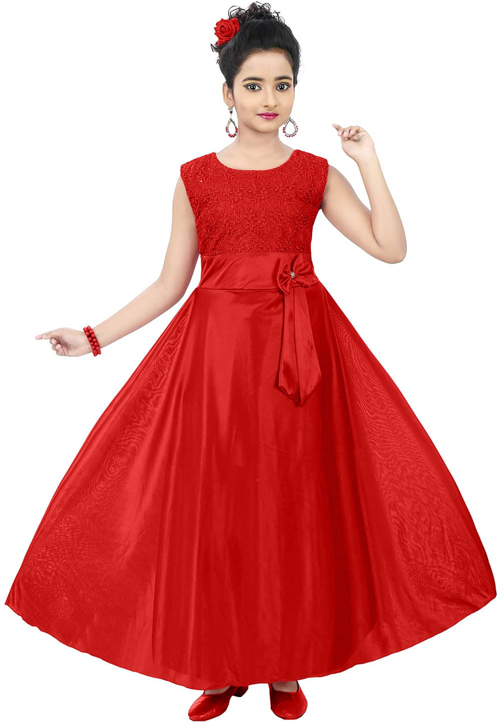     			9stiches Satin Dress For Girls ( Pack of 1 , Red )