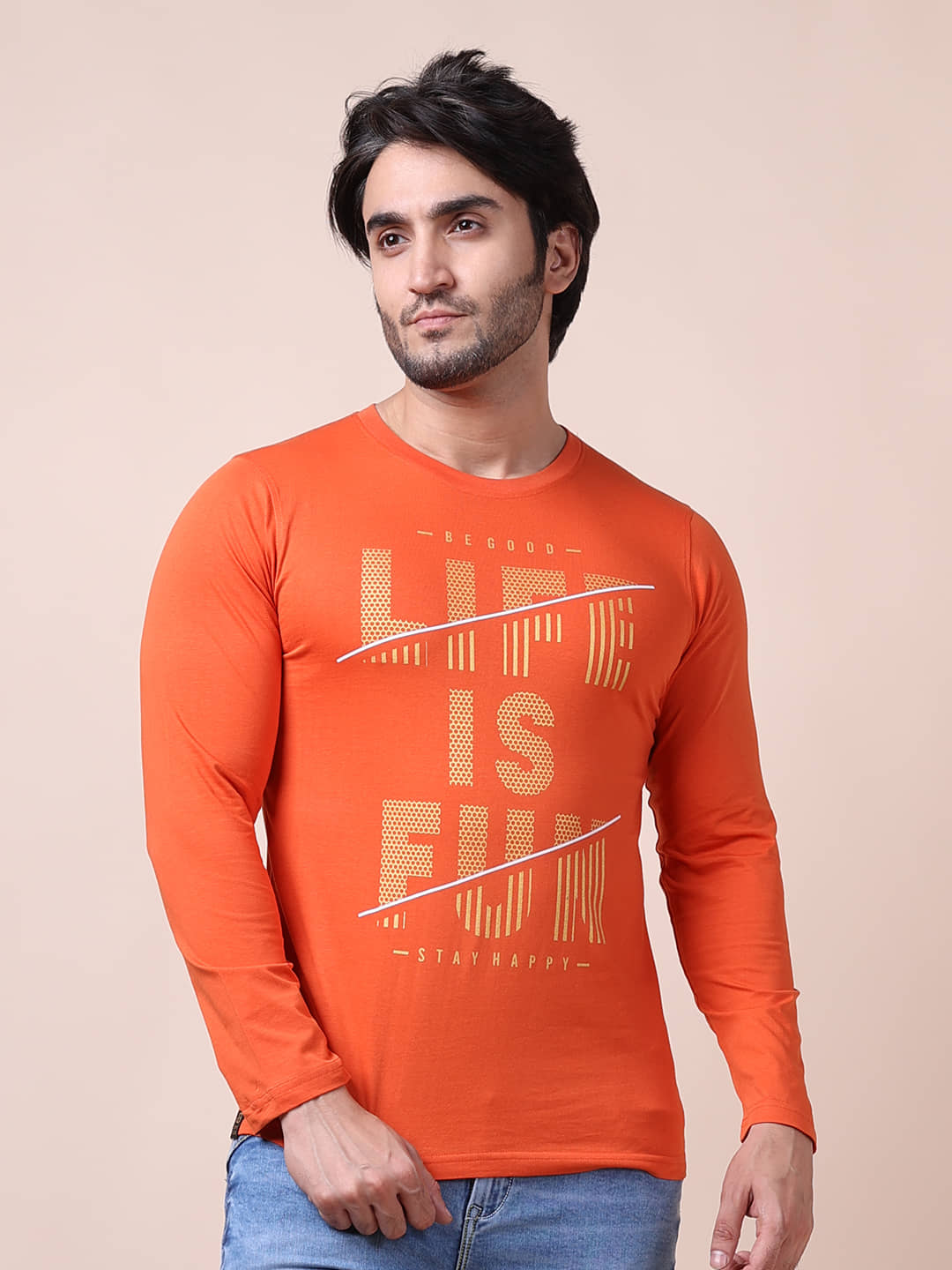 BERRYBLUES Cotton Blend Slim Fit Printed Full Sleeves Men's Round T-Shirt - Rust ( Pack of 1 )