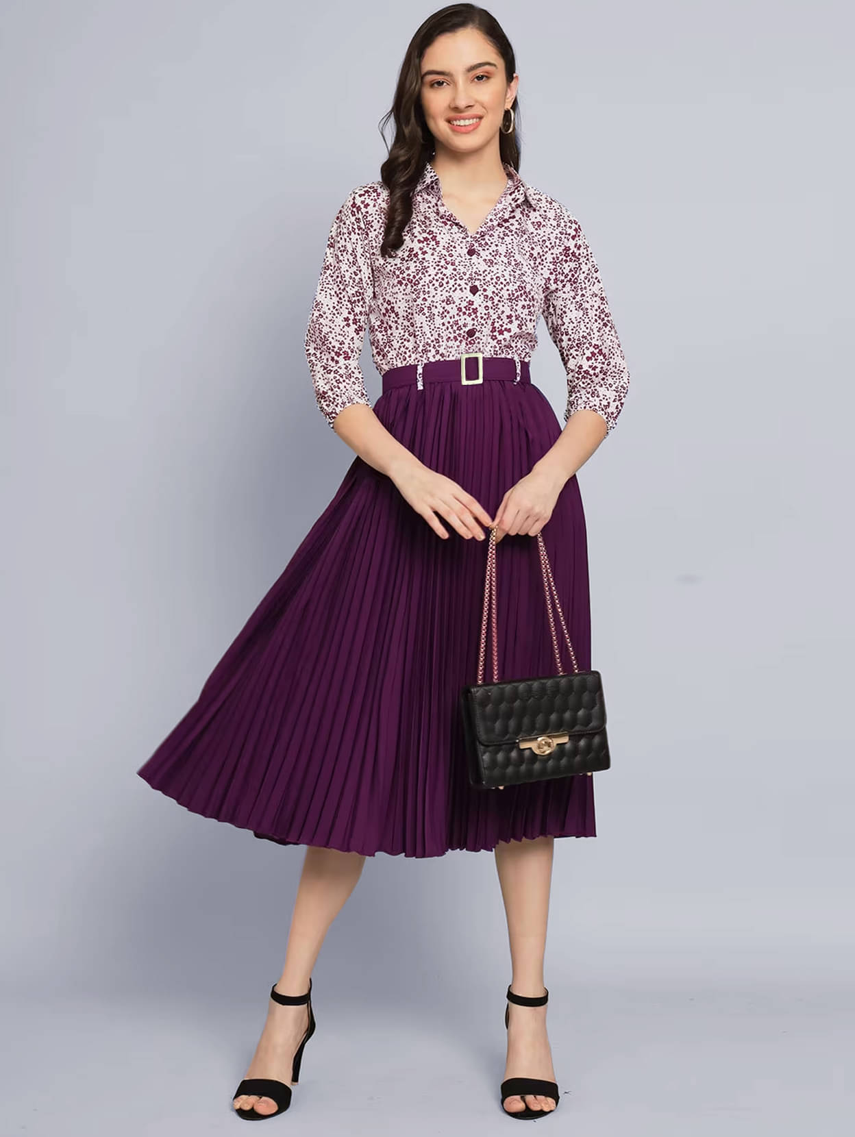     			Eyebogler Women Georgette Solid Fit & Flare Dress ( Purple )