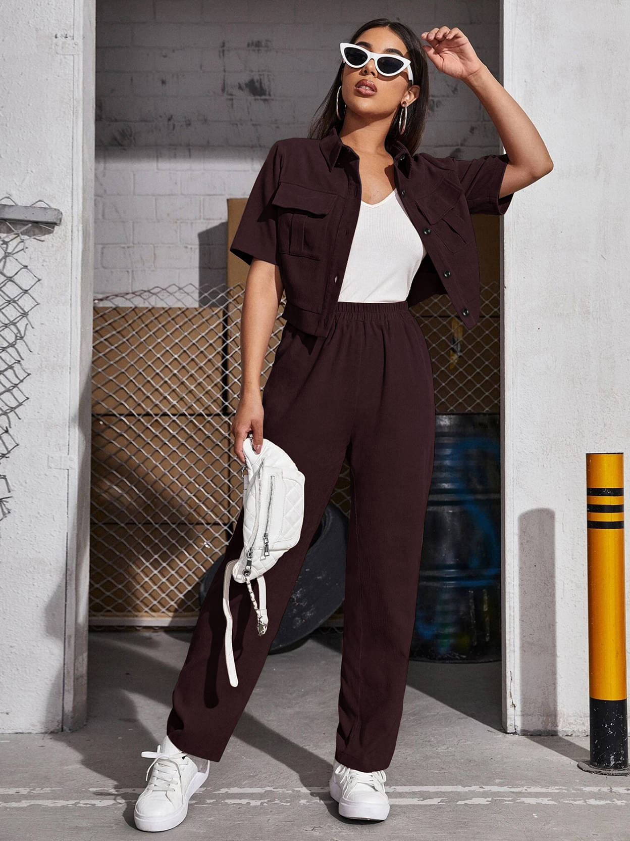     			Eyebogler Women Solid Top With Trousers Co-Ord Set ( Purple )