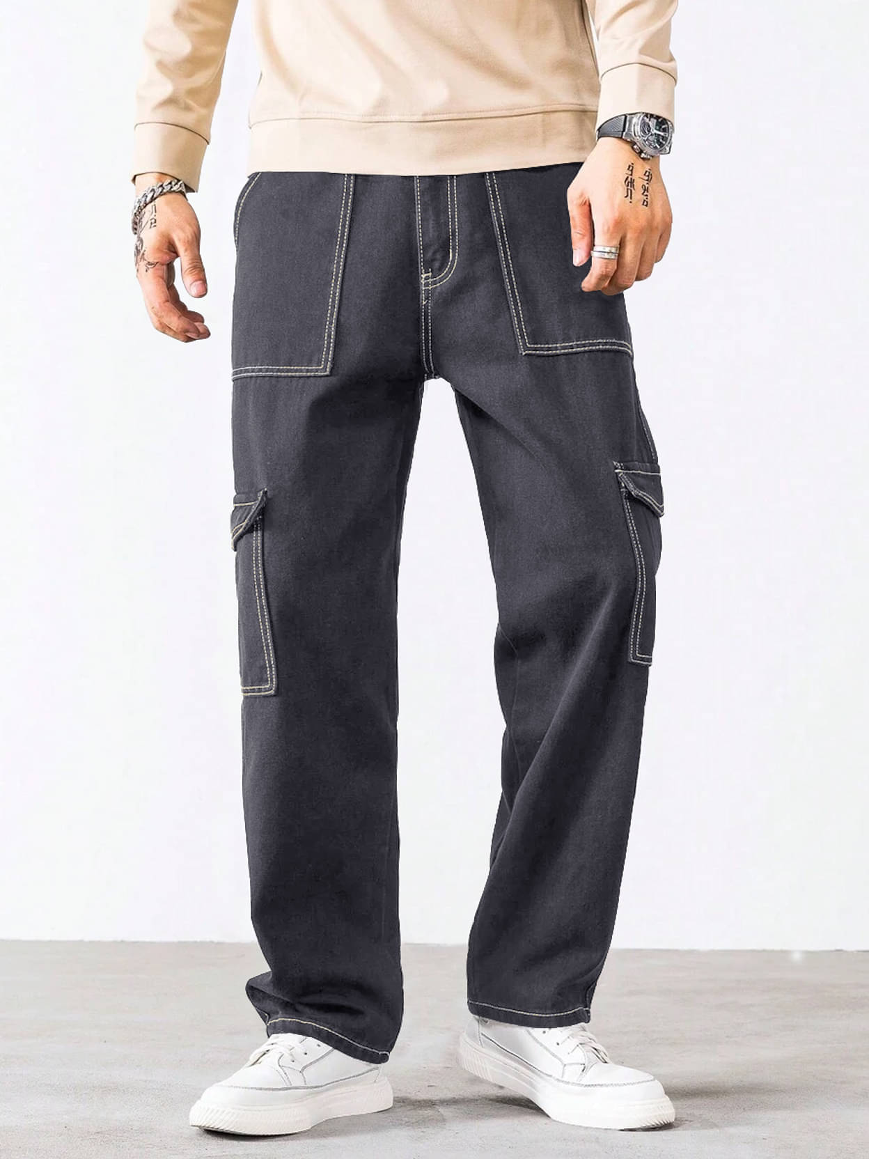     			Eyebogler Regular Flat Men's Cargos - Black ( Pack of 1 )