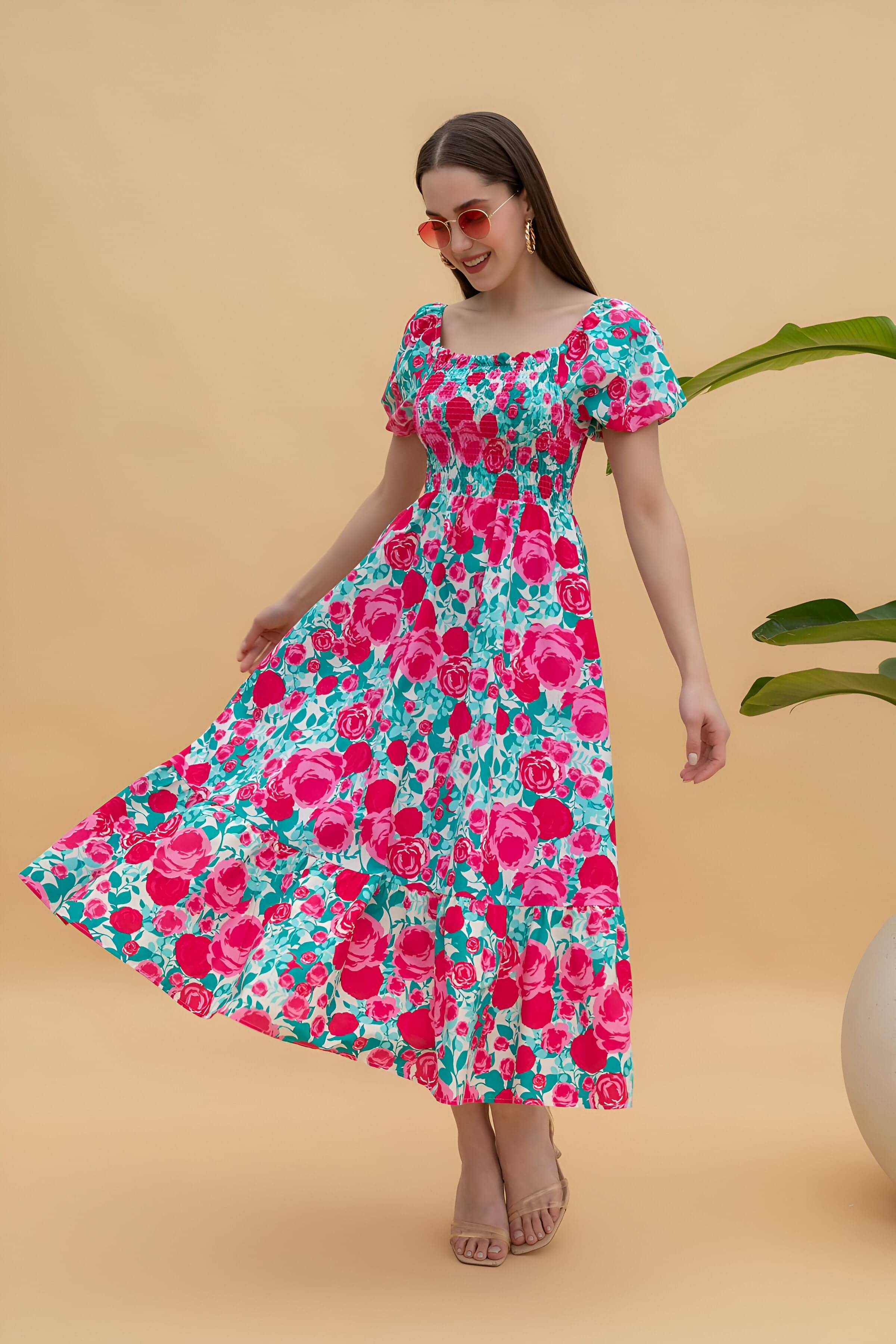 OTABU Women Rayon Printed Fit & Flare Dress ( Pink ) OTABU Women Rayon Printed Fit & Flare Dress ( Pink )