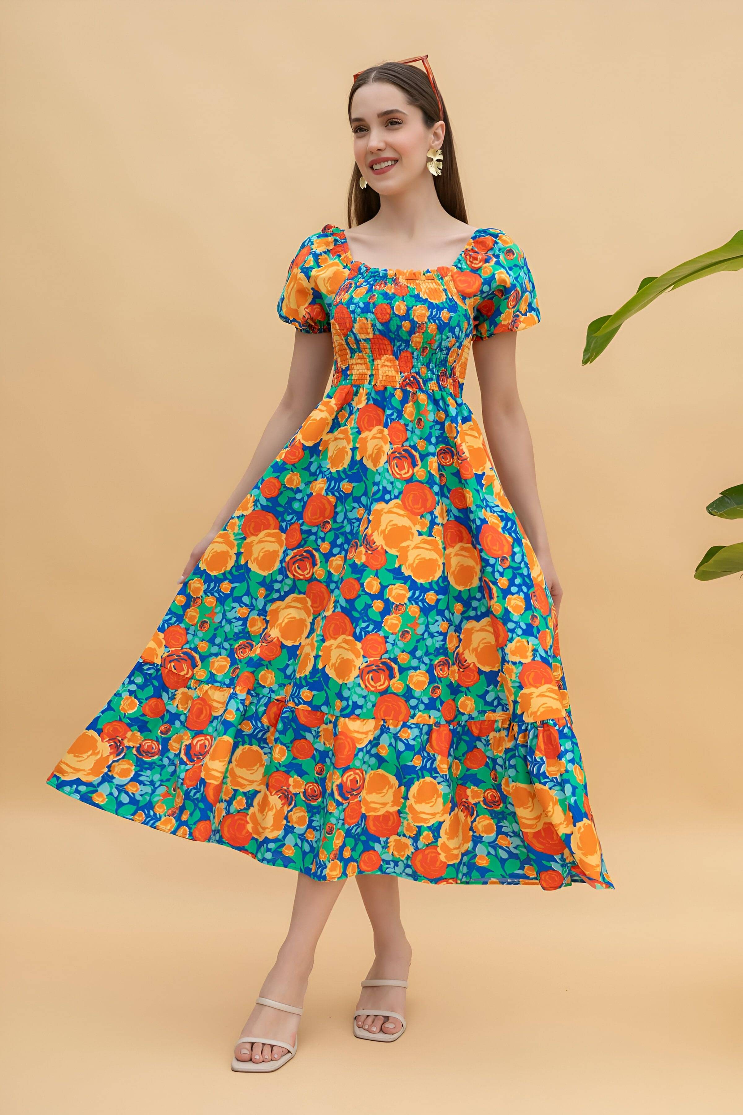     			OTABU Women Rayon Printed Fit & Flare Dress ( Orange )
