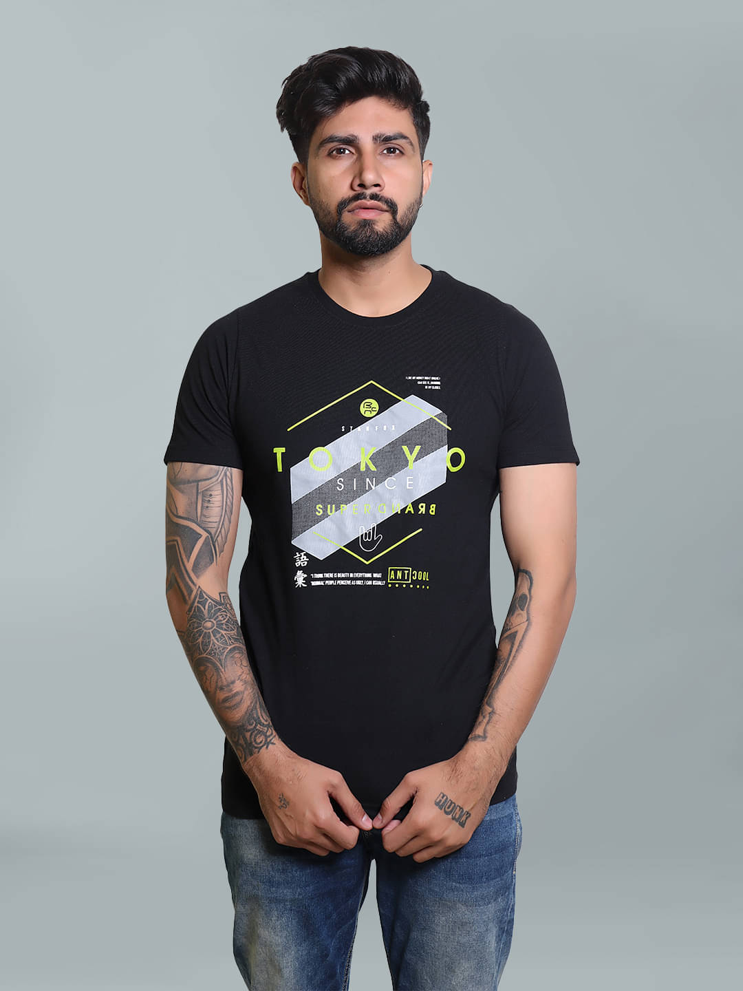     			STARFOX Cotton Blend Regular Fit Printed Half Sleeves Men's Round T-Shirt - Black ( Pack of 1 )