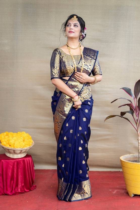     			Sanjana Silk Jacquard Embellished Saree With Unstitched Blouse Piece ( Blue )