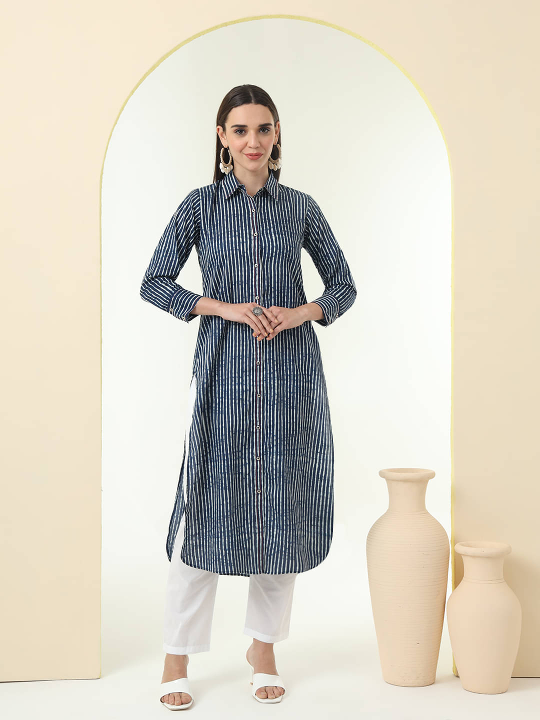     			Tissu Cotton Striped Kurti With Pants Women's Stitched Salwar Suit - Indigo ( Pack of 1 )