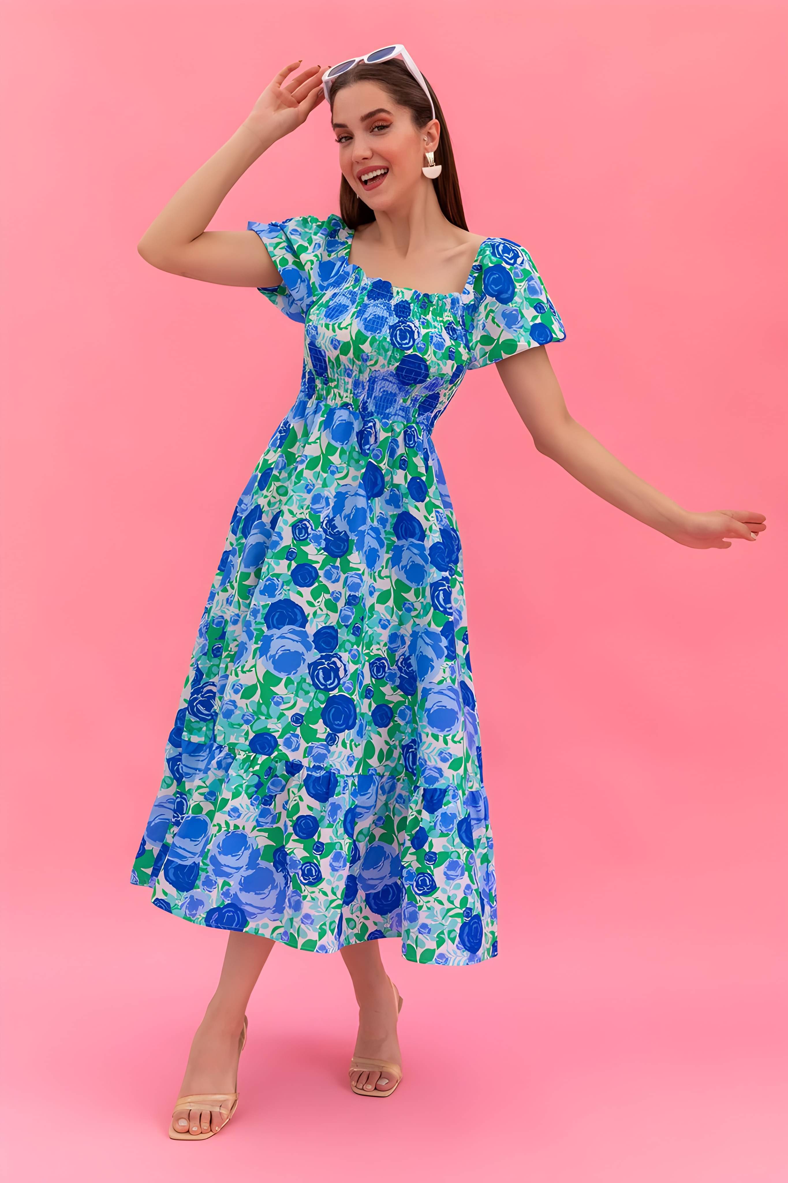     			ZWERLON Women Rayon Printed Fit & Flare Dress ( Blue )