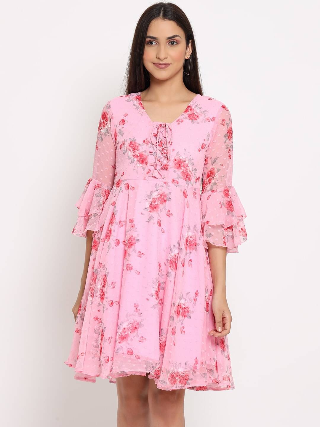 marc louis Women Chiffon Printed Fit & Flare Dress ( Pink ) marc louis Women Chiffon Printed Fit & Flare Dress ( Pink )
