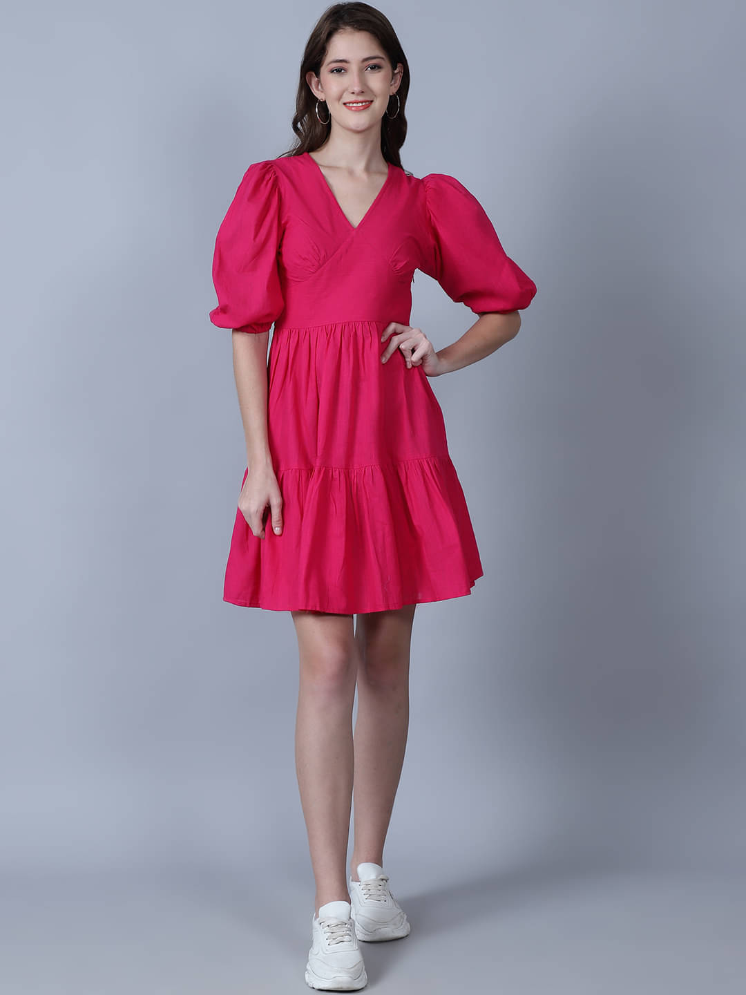 marc louis Women Cotton Printed Fit & Flare Dress ( Pink )     			marc louis Women Cotton Printed Fit & Flare Dress ( Pink )