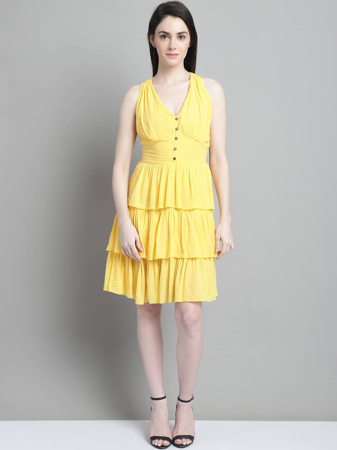     			marc louis Women Cotton Printed Fit & Flare Dress ( Yellow )