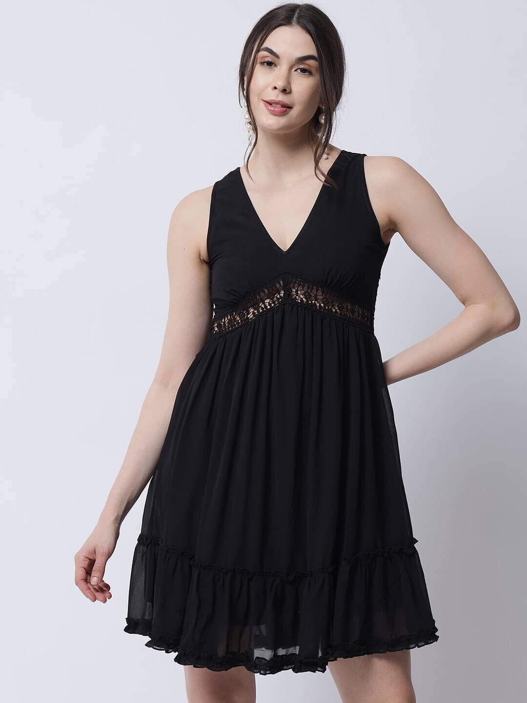     			marc louis Women Georgette Printed Fit & Flare Dress ( Black )