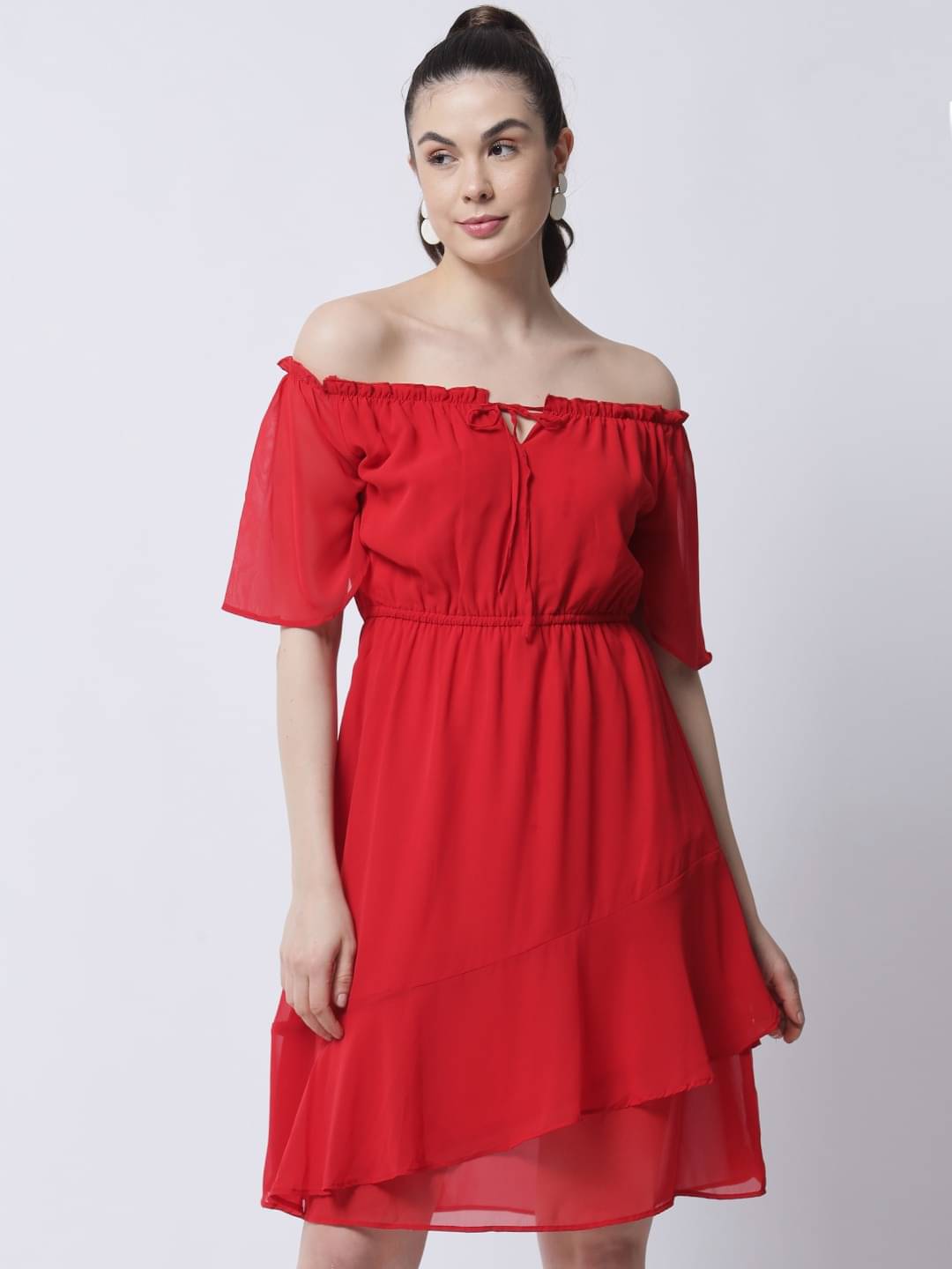     			marc louis Women Georgette Printed Fit & Flare Dress ( Red )