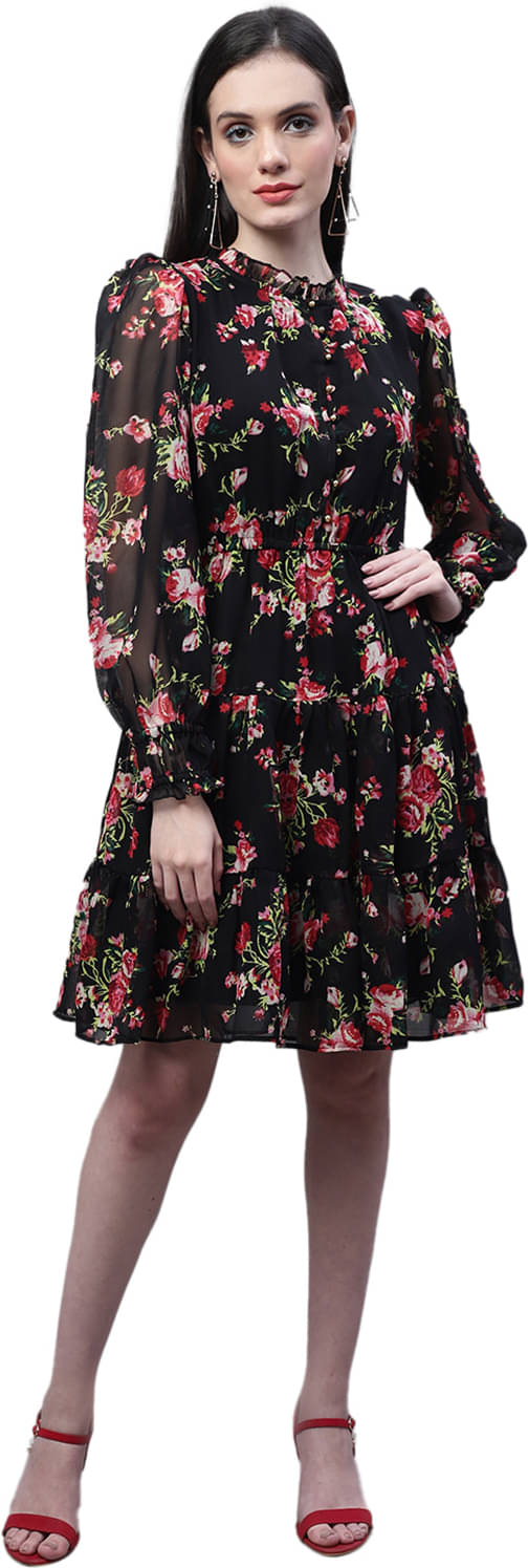 marc louis Women Georgette Printed Fit & Flare Dress ( Black )     			marc louis Women Georgette Printed Fit & Flare Dress ( Black )