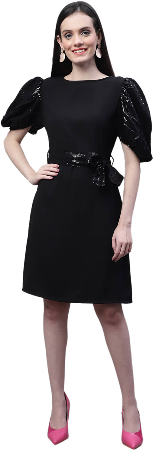     			marc louis Women Georgette Printed Fit & Flare Dress ( Black )