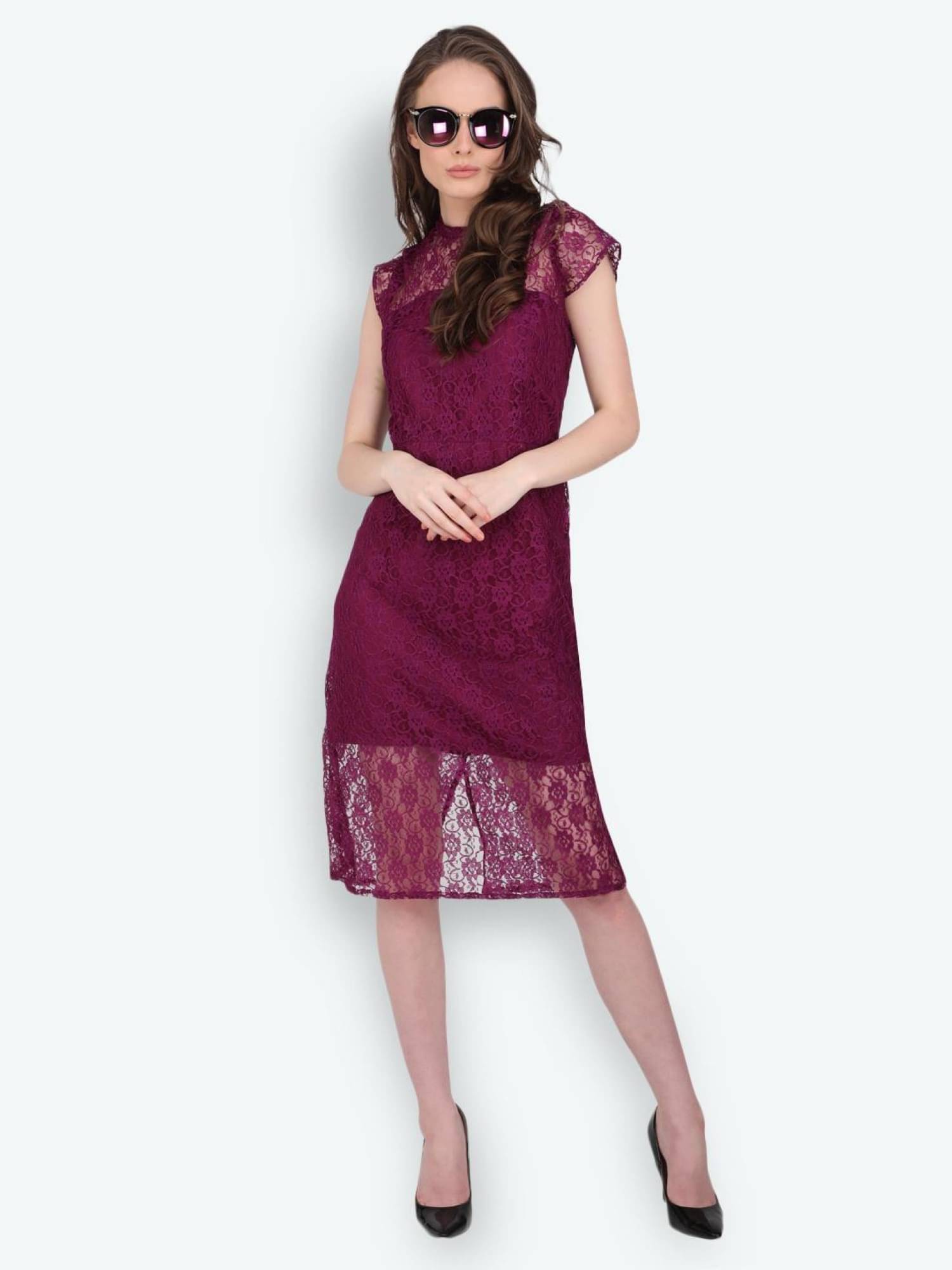 marc louis Women Lace Printed Fit & Flare Dress ( Purple ) marc louis Women Lace Printed Fit & Flare Dress ( Purple )