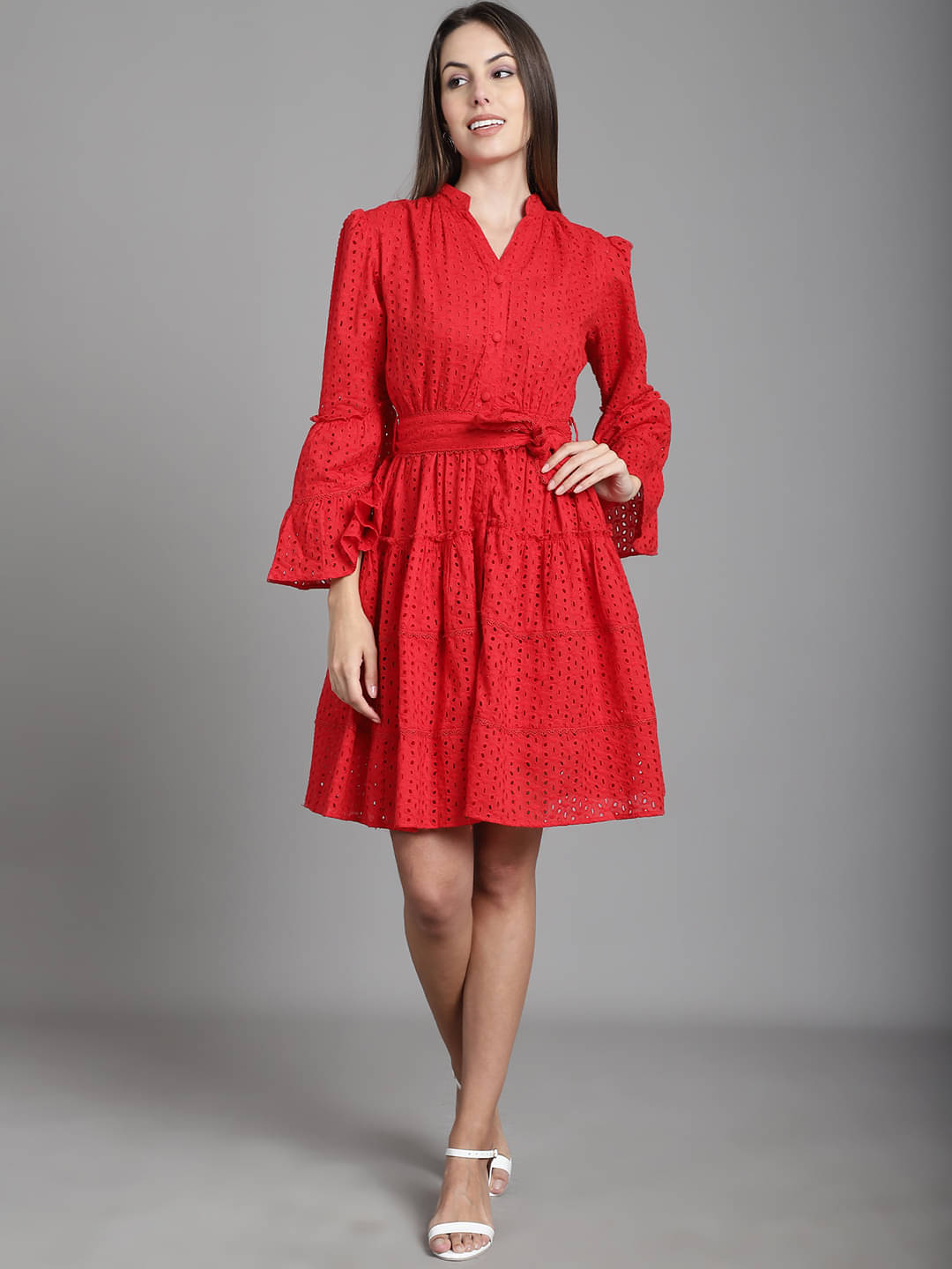     			marc louis Women Velvet Printed Fit & Flare Dress ( Red )