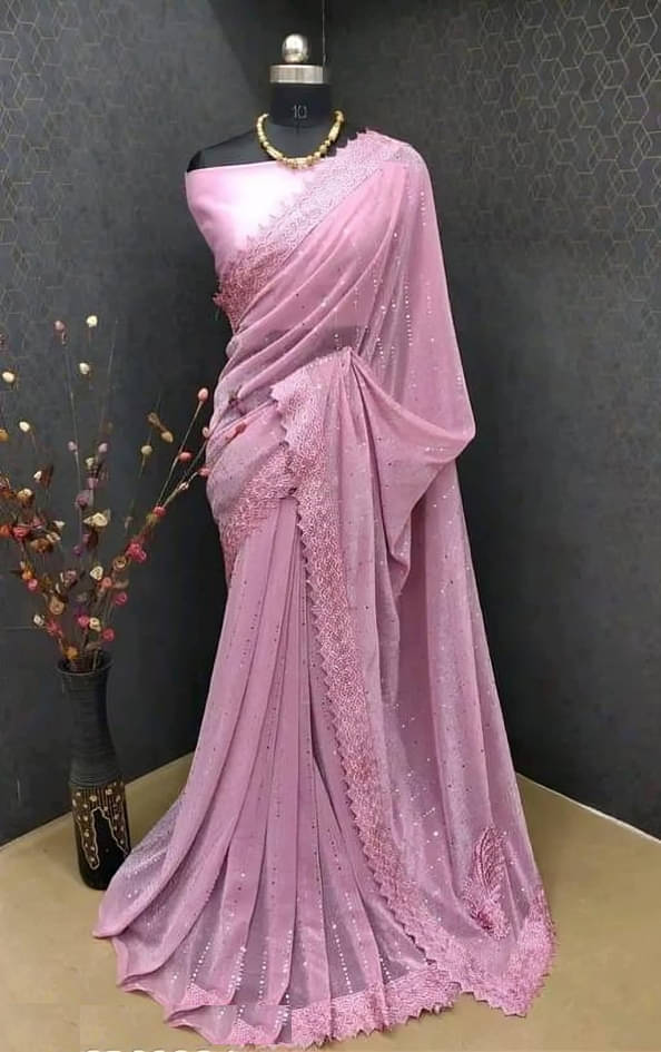 Aika Lycra Embellished Saree With Unstitched Blouse Piece ( Pink ) Aika Lycra Embellished Saree With Unstitched Blouse Piece ( Pink )