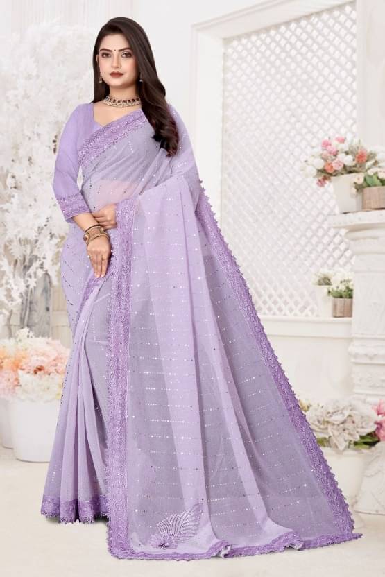     			Aika Lycra Embellished Saree With Unstitched Blouse Piece ( Lavender )