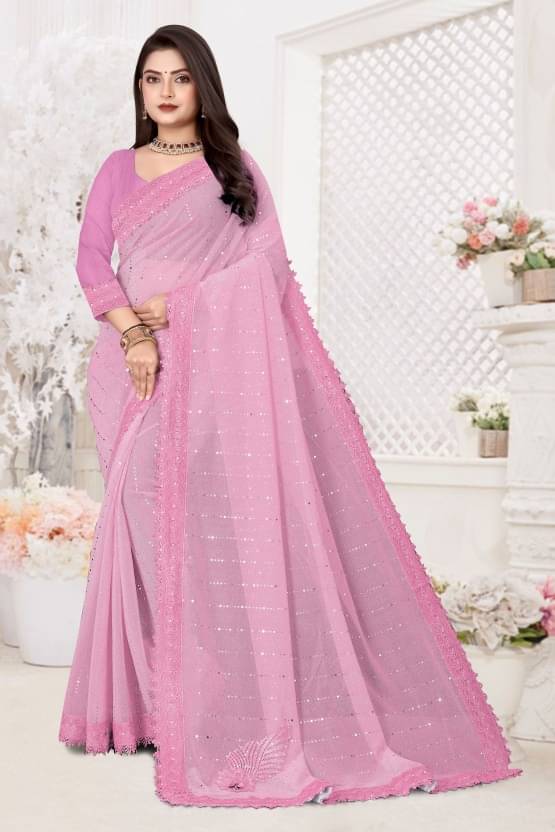 Aika Lycra Embellished Saree With Unstitched Blouse Piece ( Pink ) Aika Lycra Embellished Saree With Unstitched Blouse Piece ( Pink )