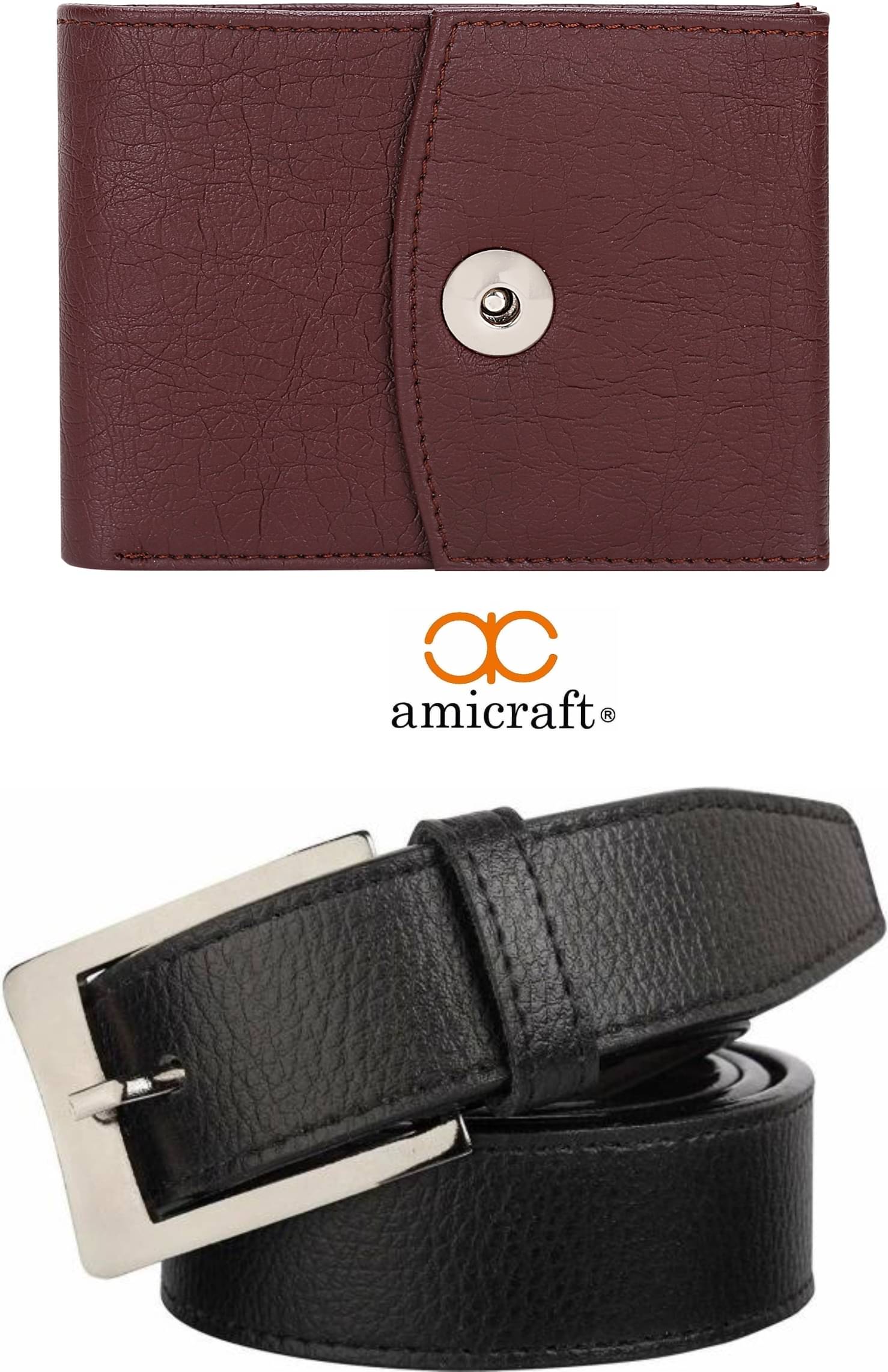     			Amicraft - Brown PU Men's Belts Wallets Set ( Pack of 2 )