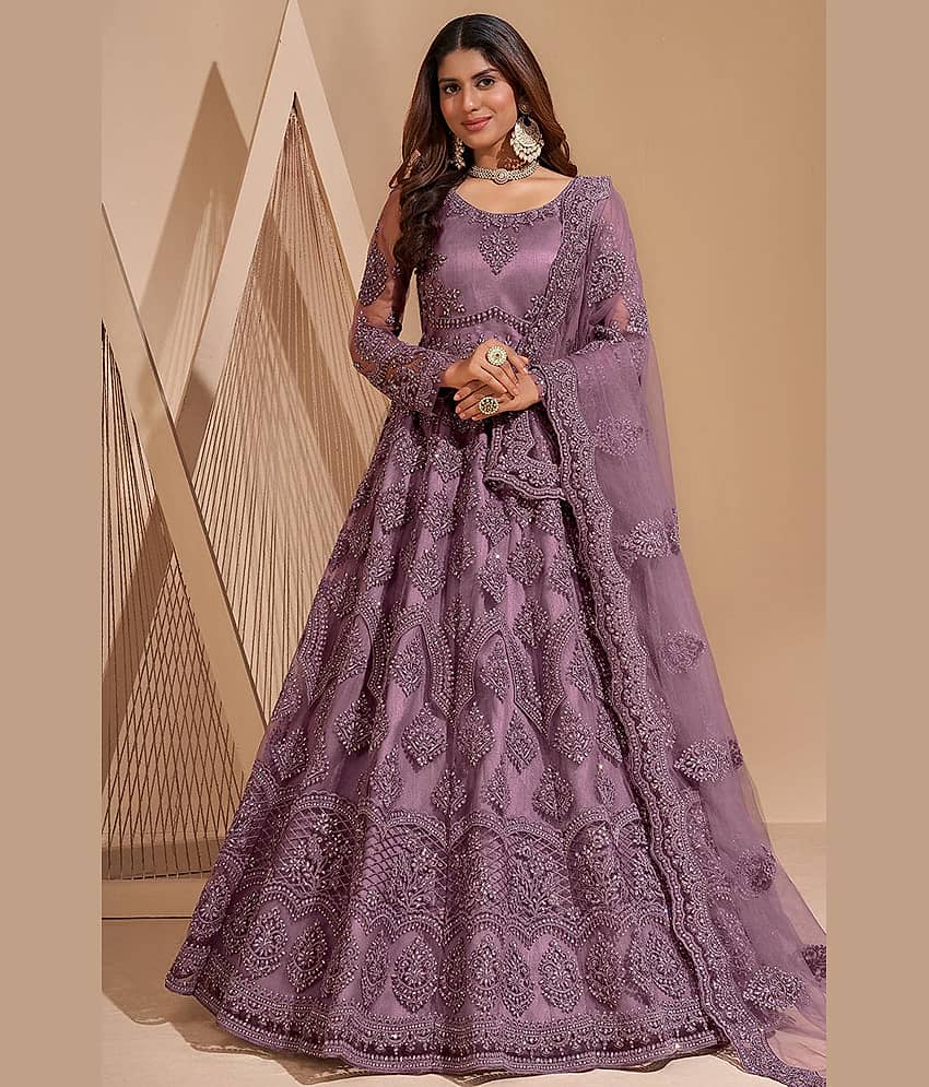 Apnisha Mauve Flared Net Women's Semi Stitched Ethnic Gown ( Pack of 1 ) - Unstitched Fabrics | Buy online on ZillyBuy