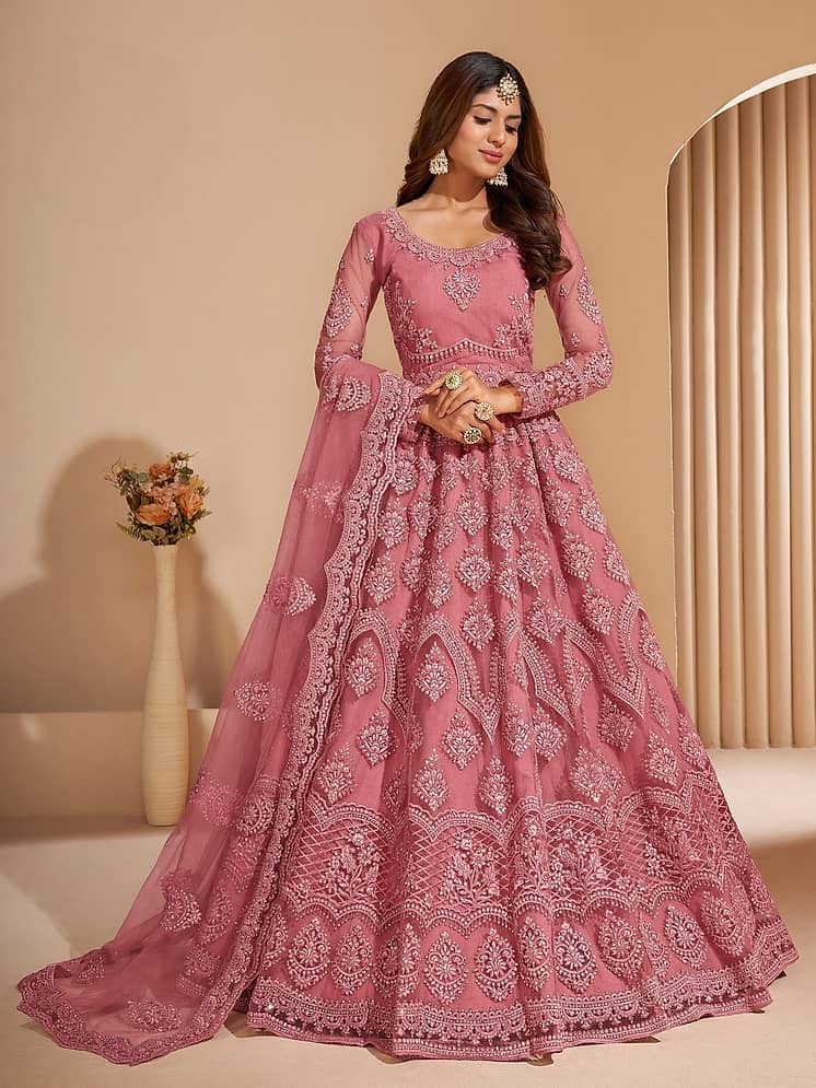 Touch Trends Pink Net Anarkali Semi-Stitched Embroidered Dress