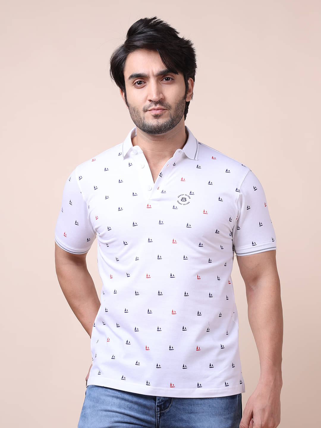 BERRYBLUES Cotton Blend Regular Fit Printed Half Sleeves Men's V-Neck T-Shirt - White ( Pack of 1 ) BERRYBLUES Cotton Blend Regular Fit Printed Half Sleeves Men's V-Neck T-Shirt - White ( Pack of 1 )