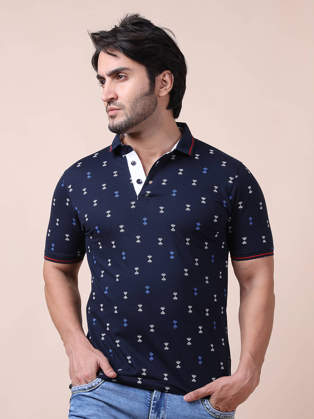     			BERRYBLUES Cotton Blend Regular Fit Printed Half Sleeves Men's V-Neck T-Shirt - Navy ( Pack of 1 )