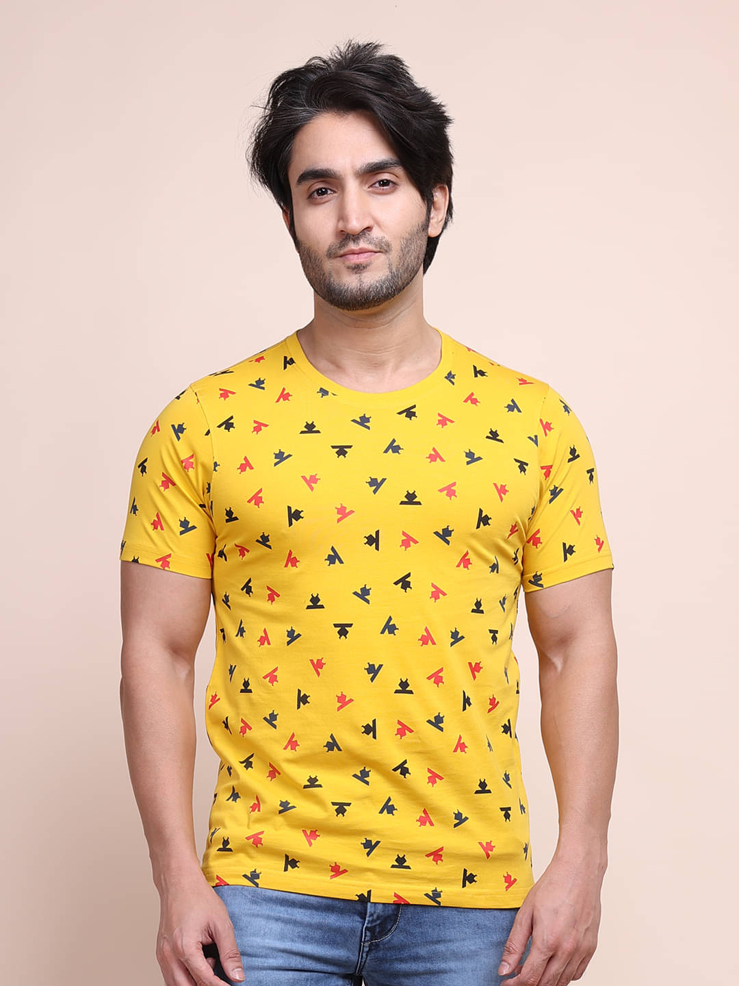     			BERRYBLUES Cotton Blend Regular Fit Printed Half Sleeves Men's Round T-Shirt - Yellow ( Pack of 1 )