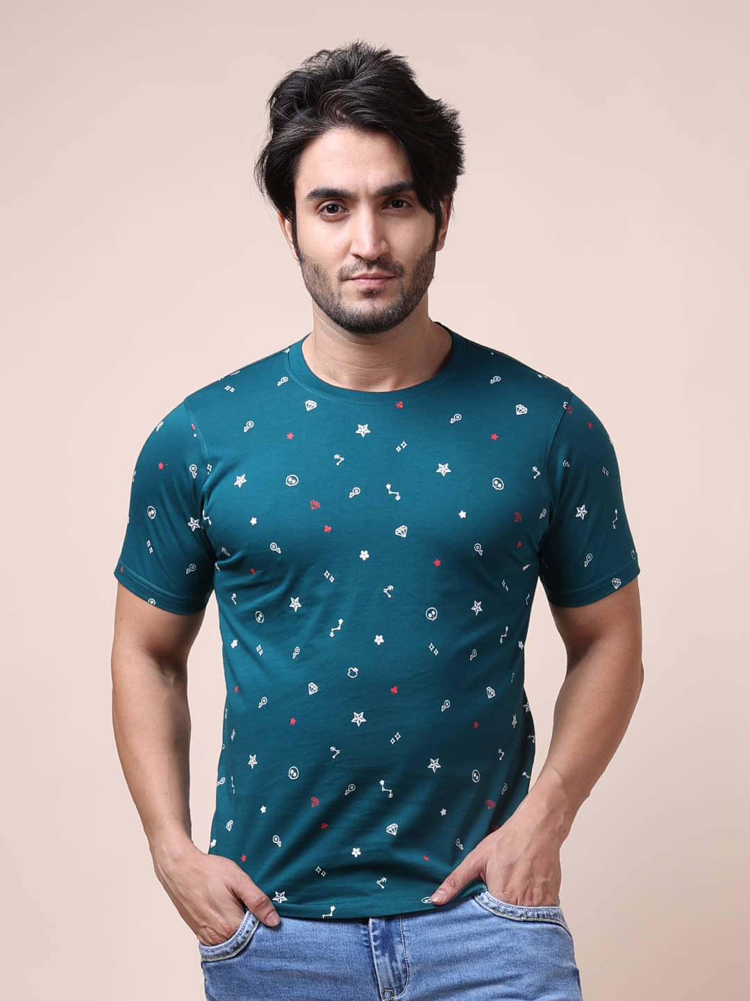     			BERRYBLUES Cotton Blend Regular Fit Printed Half Sleeves Men's Round T-Shirt - Green ( Pack of 1 )