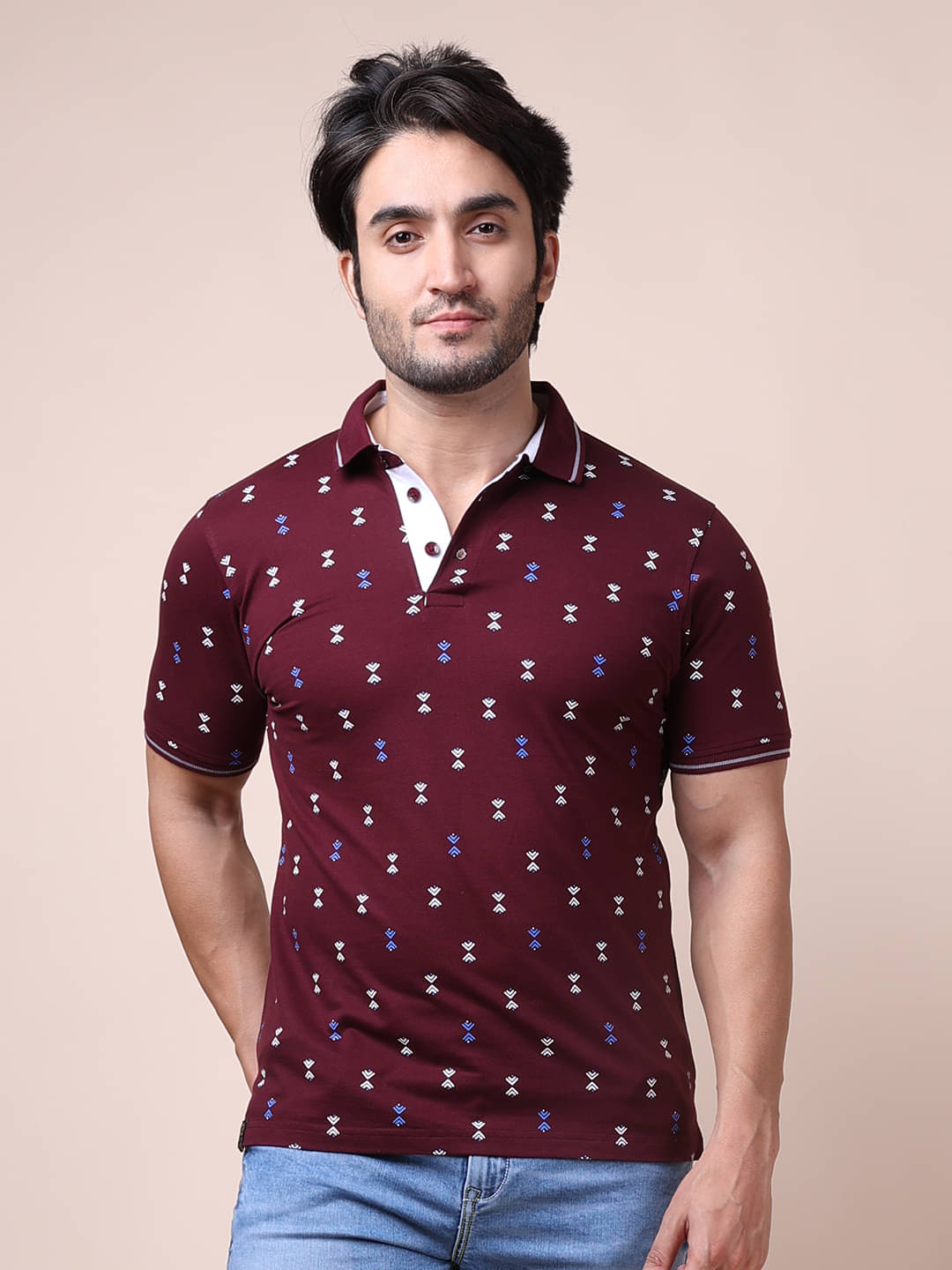     			BERRYBLUES Cotton Blend Regular Fit Printed Half Sleeves Men's V-Neck T-Shirt - Maroon ( Pack of 1 )